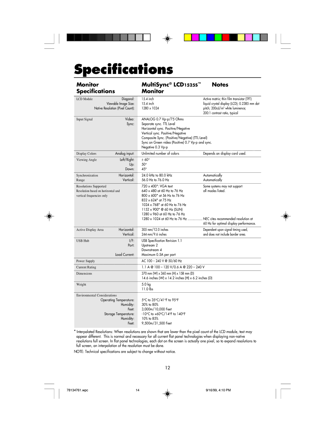 NEC user manual Monitor MultiSync LCD1525S Specifications 