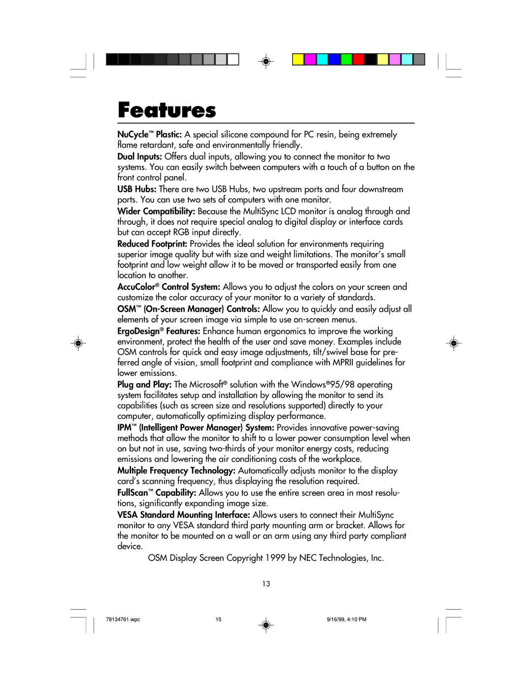 NEC LCD1525S user manual Features 