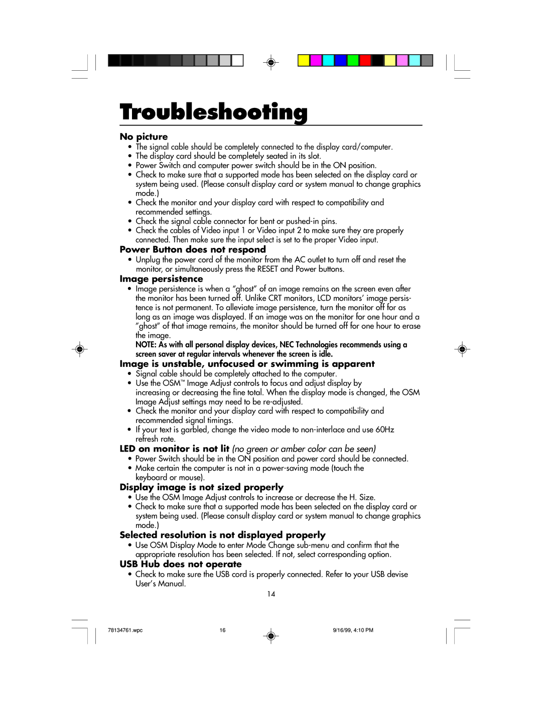 NEC LCD1525S user manual Troubleshooting 