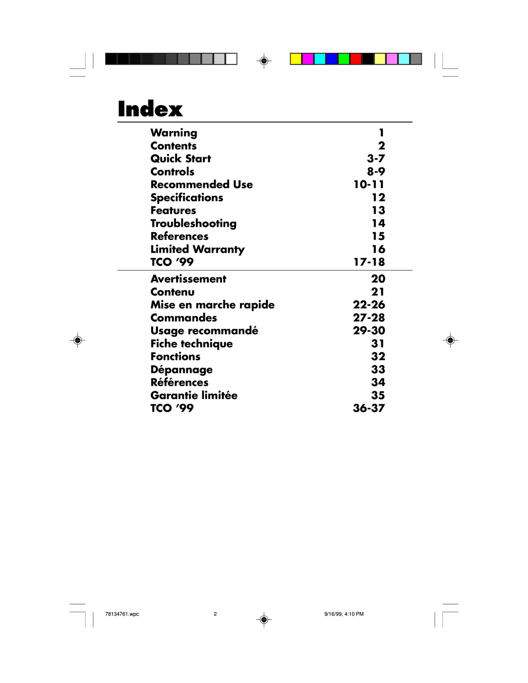 NEC LCD1525S user manual Index 