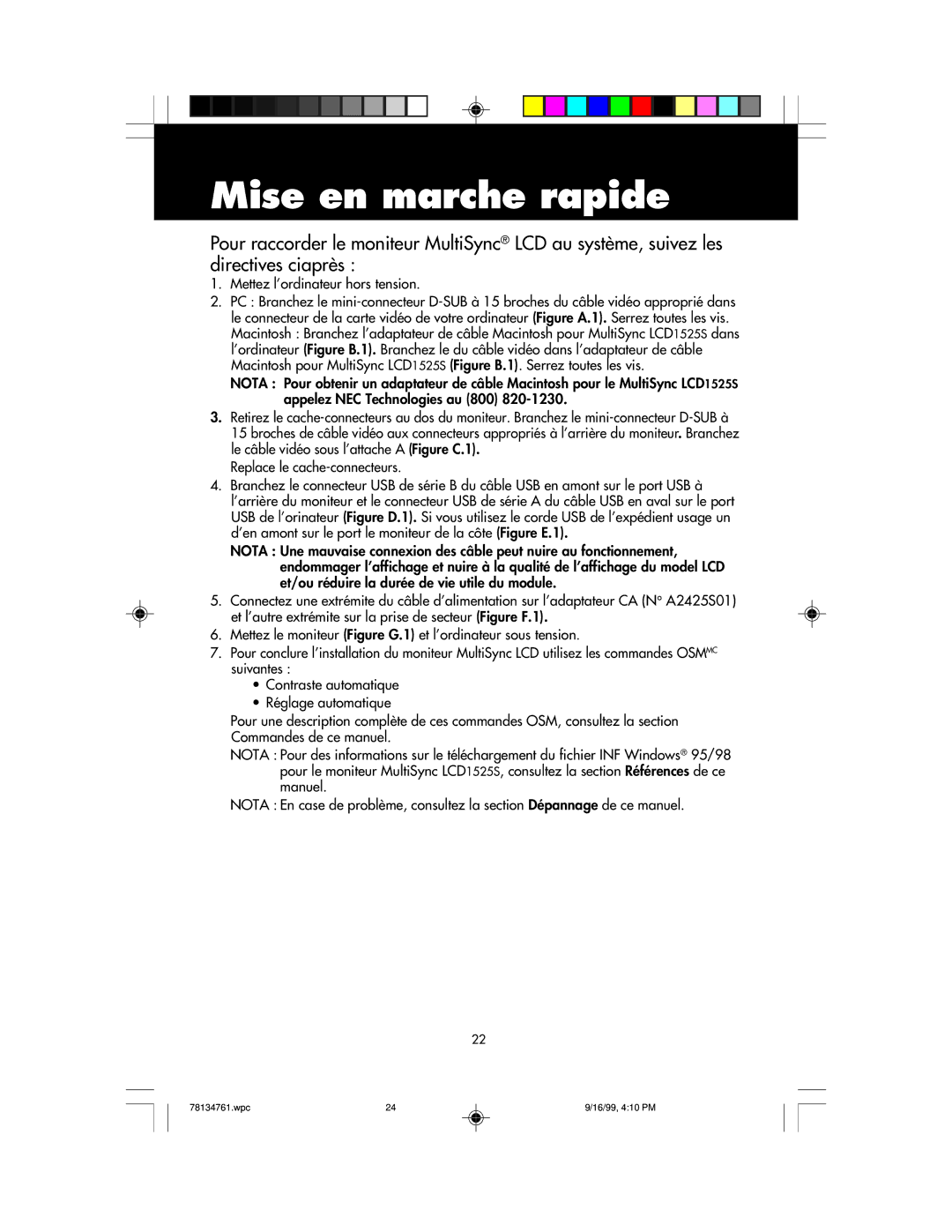 NEC LCD1525S user manual Mise en marche rapide 