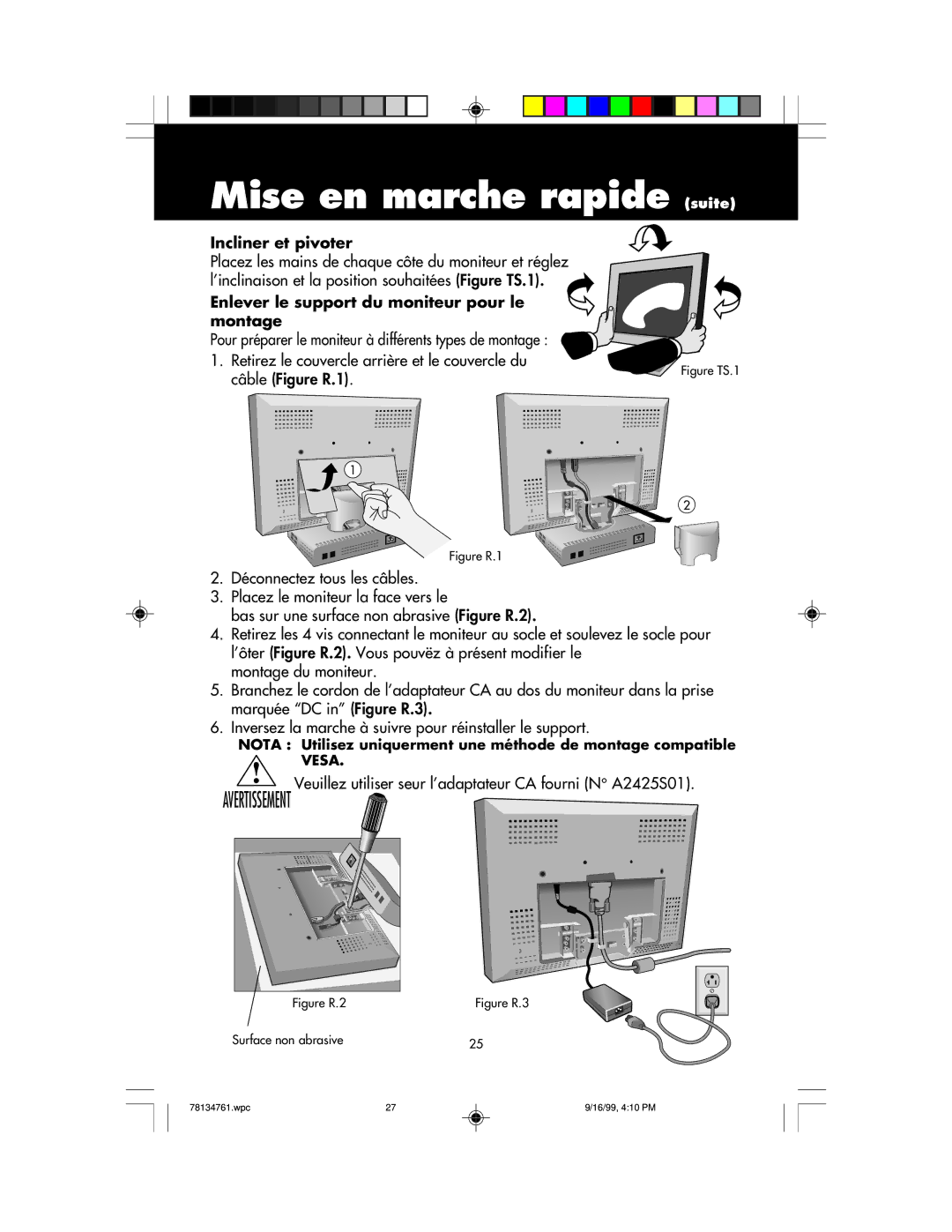 NEC LCD1525S user manual Incliner et pivoter, Enlever le support du moniteur pour le montage 