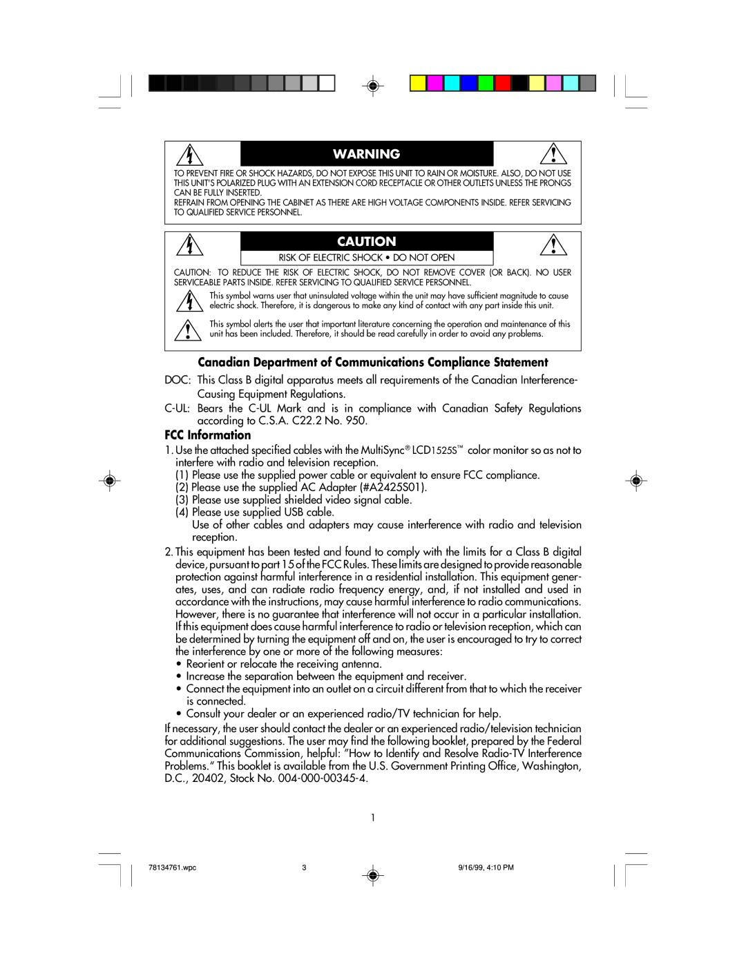 NEC LCD1525S user manual Canadian Department of Communications Compliance Statement, FCC Information 