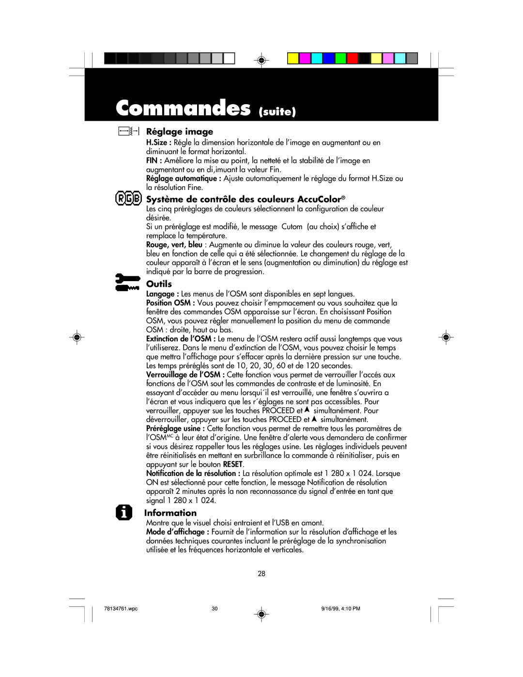 NEC LCD1525S user manual Commandes suite, Réglage image, Système de contrôle des couleurs AccuColor, Outils 