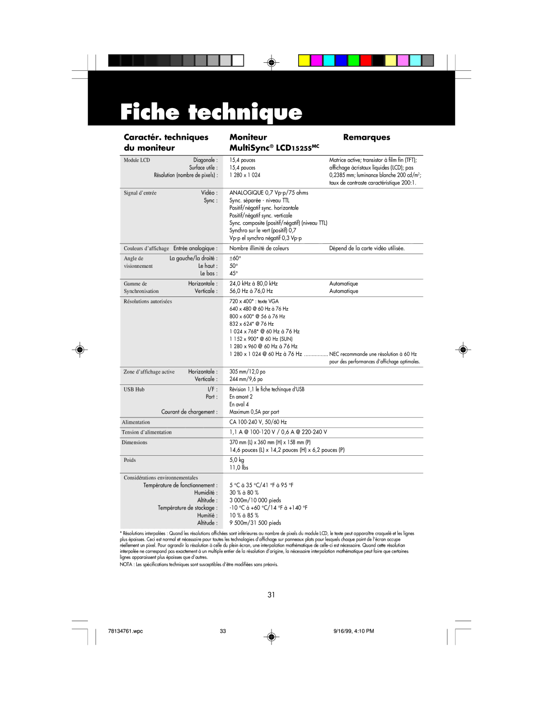 NEC LCD1525S user manual Fiche technique, Verticale 56,0 Hz à 76,0 Hz Automatique 