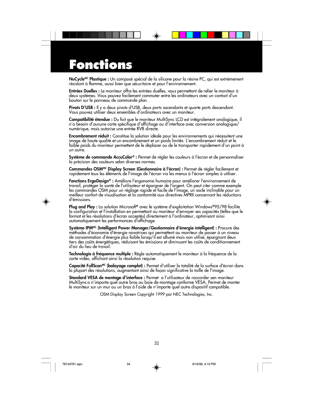 NEC LCD1525S user manual Fonctions 