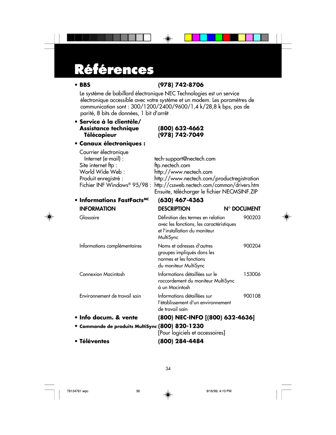 NEC LCD1525S user manual Références, Informations FastFactsMC Information, 800 978 630, Info docum. & vente NEC-INFO 800 