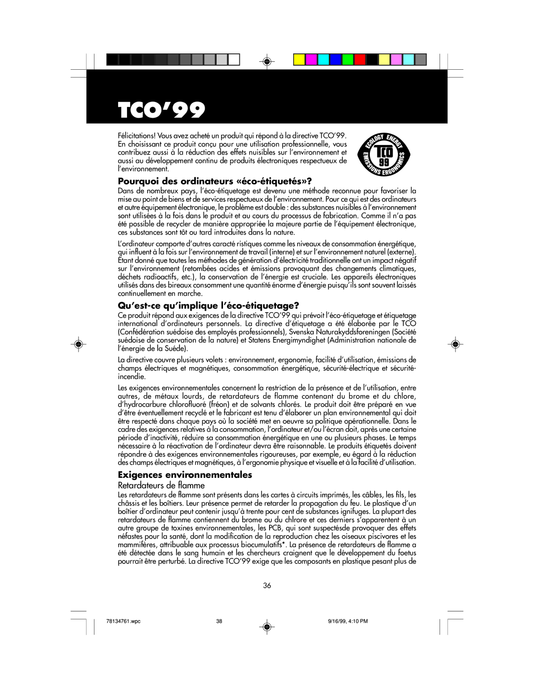 NEC LCD1525S user manual TCO’99, Pourquoi des ordinateurs «éco-étiquetés»?, Qu’est-ce qu’implique l’éco-étiquetage? 