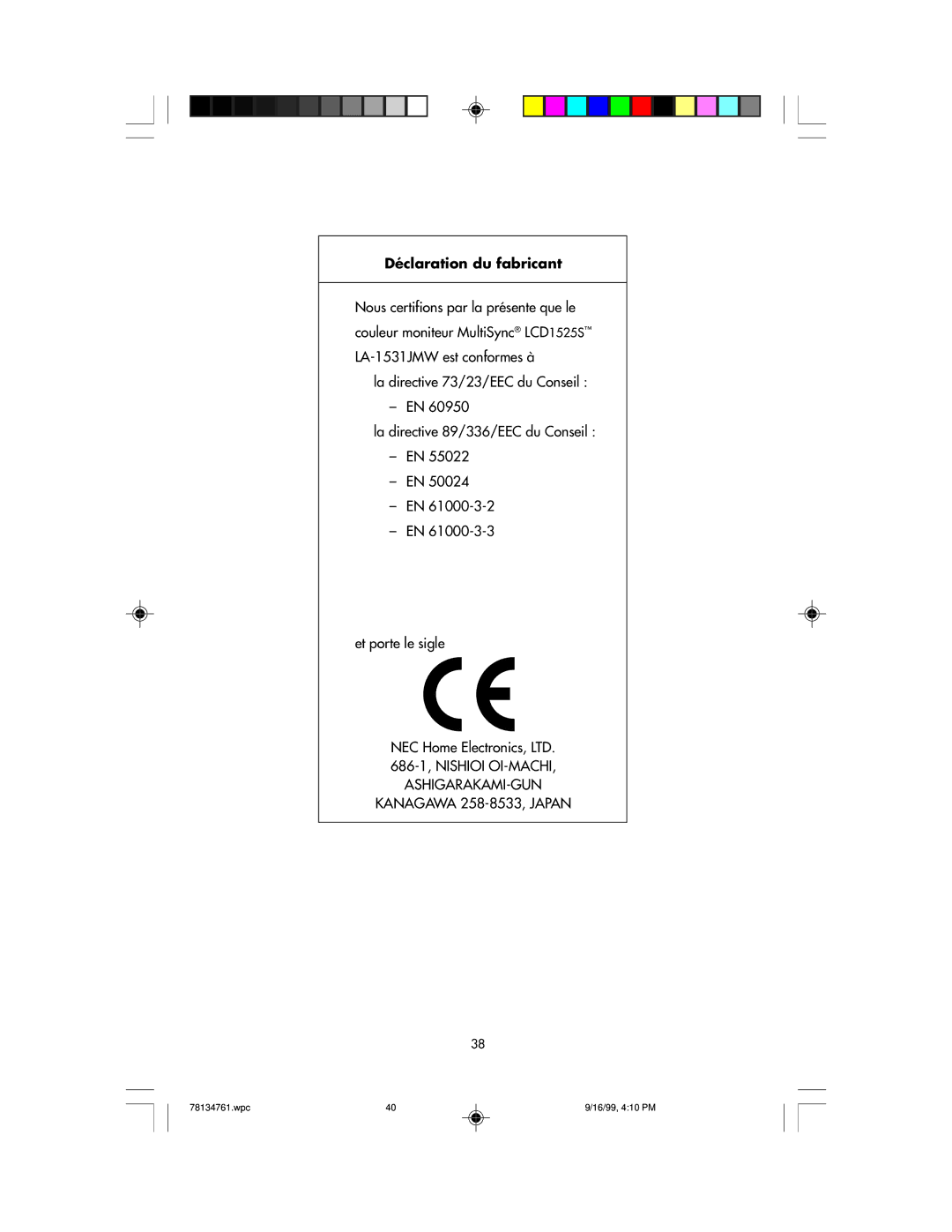 NEC LCD1525S user manual Déclaration du fabricant 