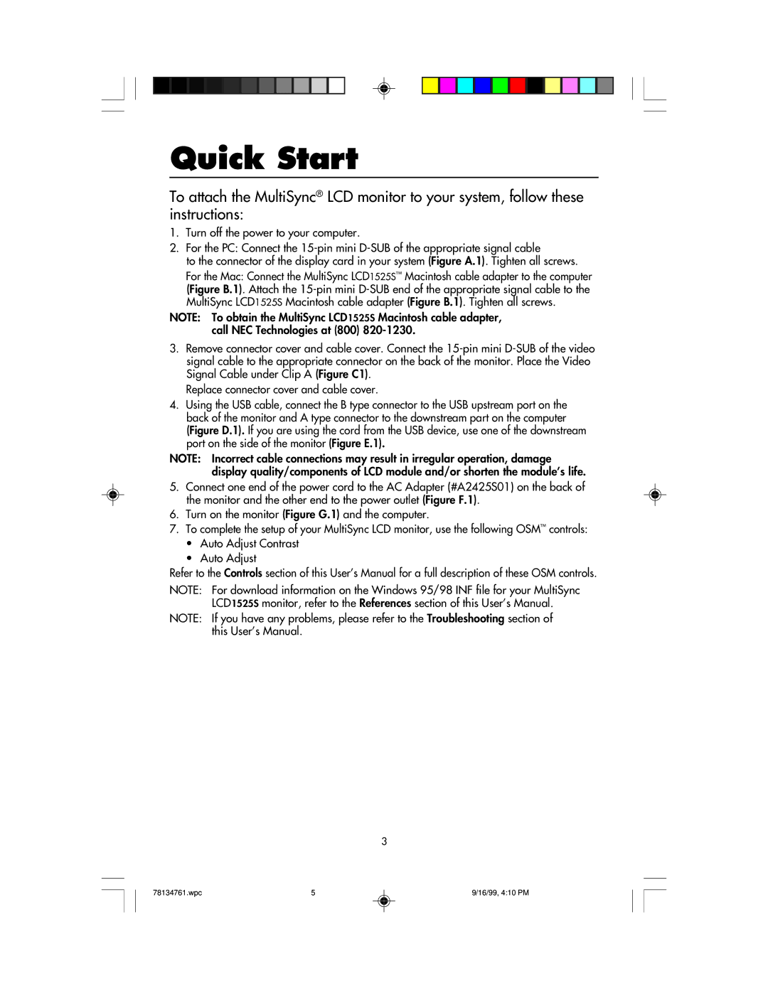 NEC LCD1525S user manual Quick Start 