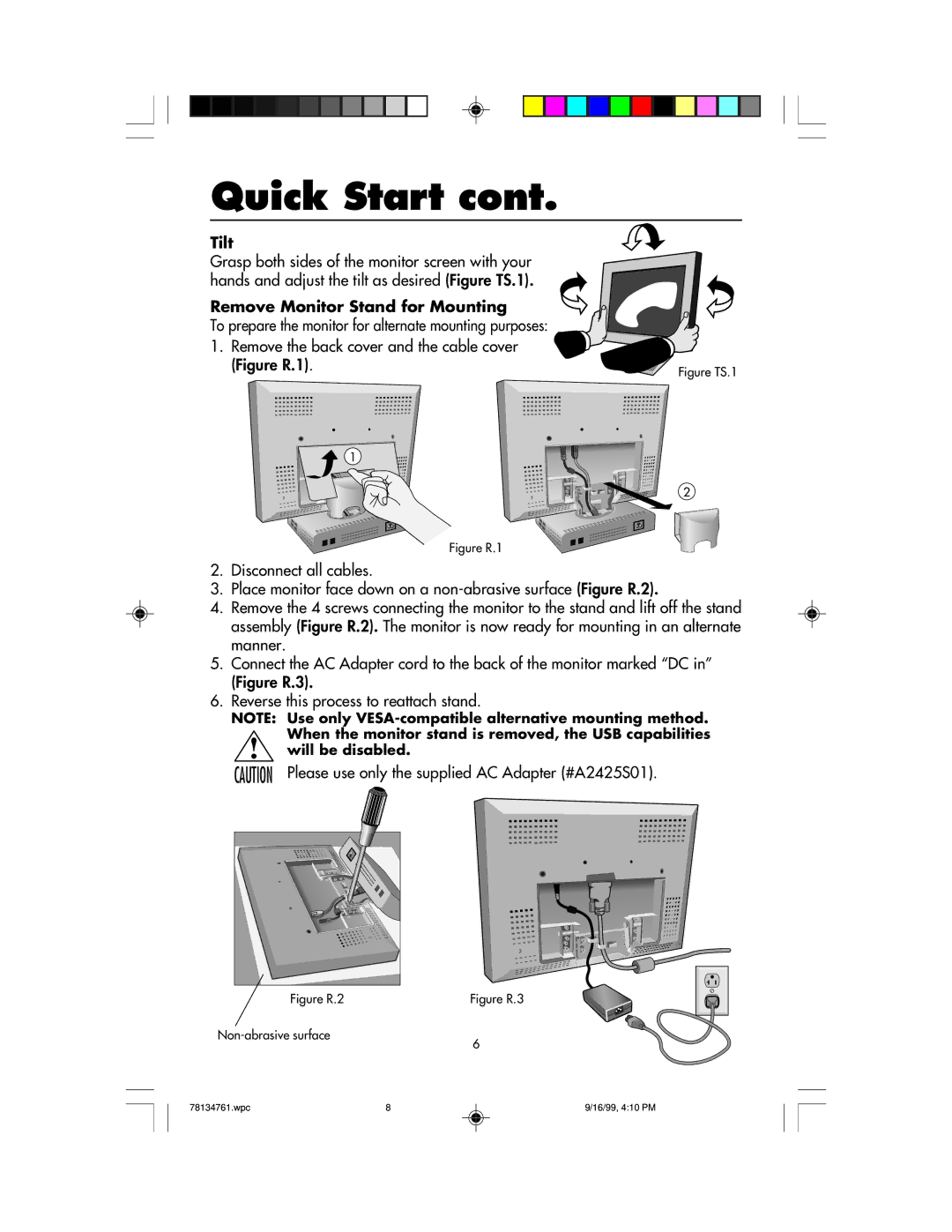 NEC LCD1525S user manual Tilt, Remove Monitor Stand for Mounting 