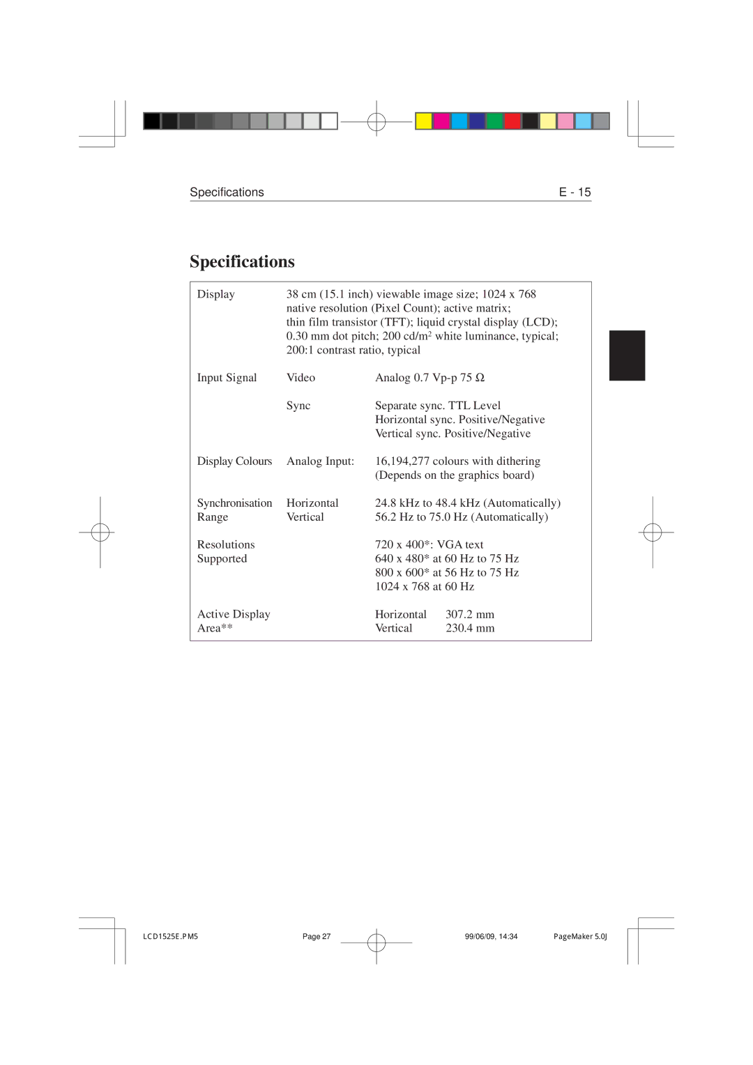 NEC LCD1525V manual Specifications 