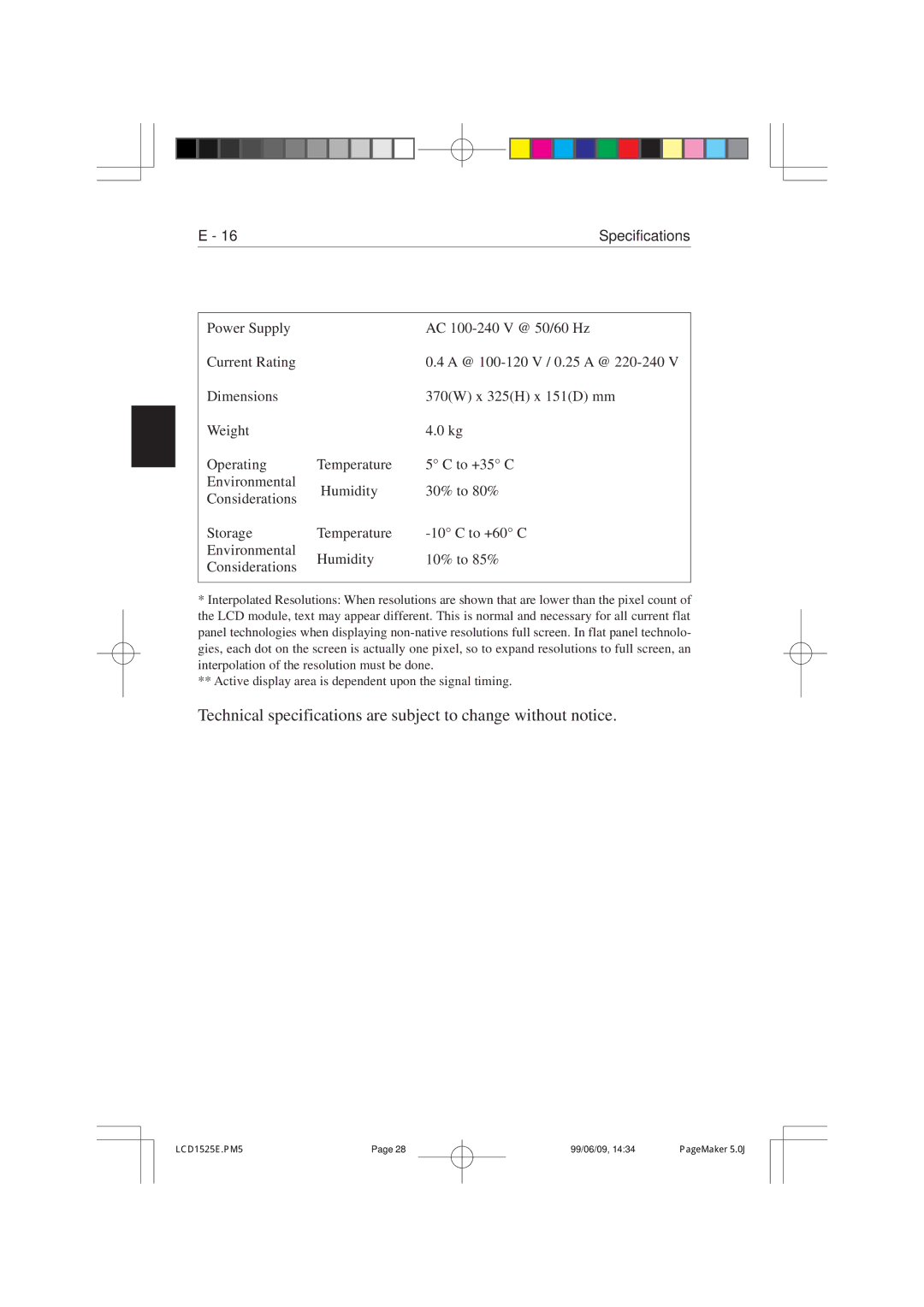 NEC LCD1525V manual Specifications 