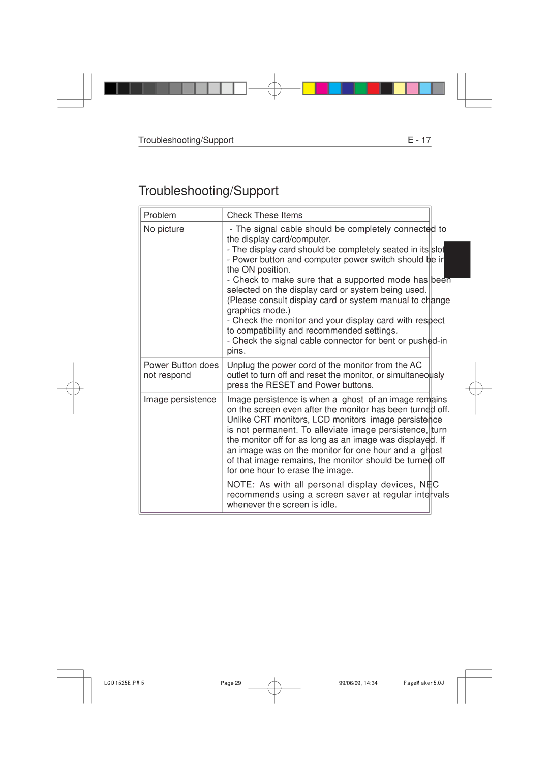 NEC LCD1525V manual Troubleshooting/Support, Problem Check These Items 