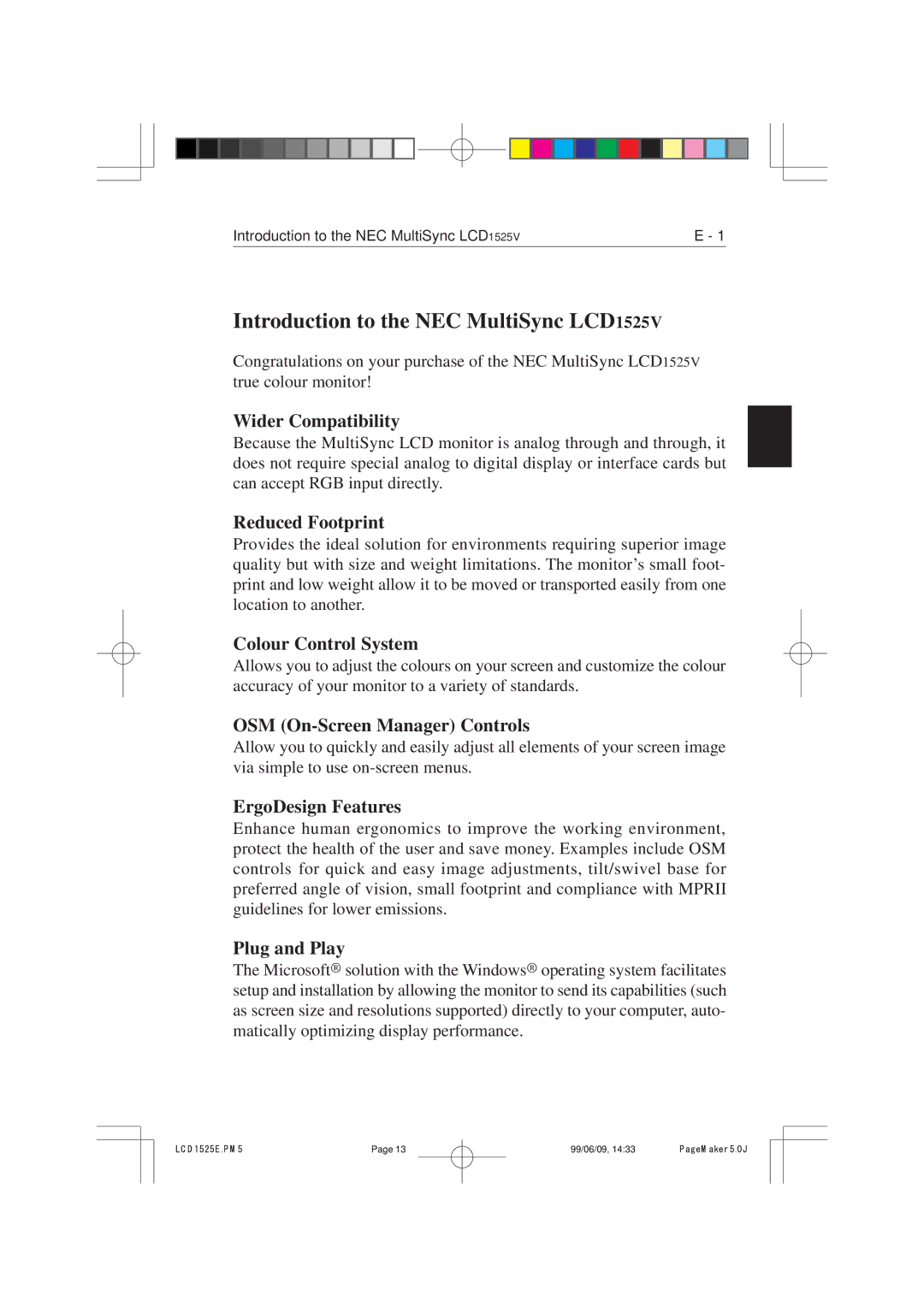 NEC manual Introduction to the NEC MultiSync LCD1525V 