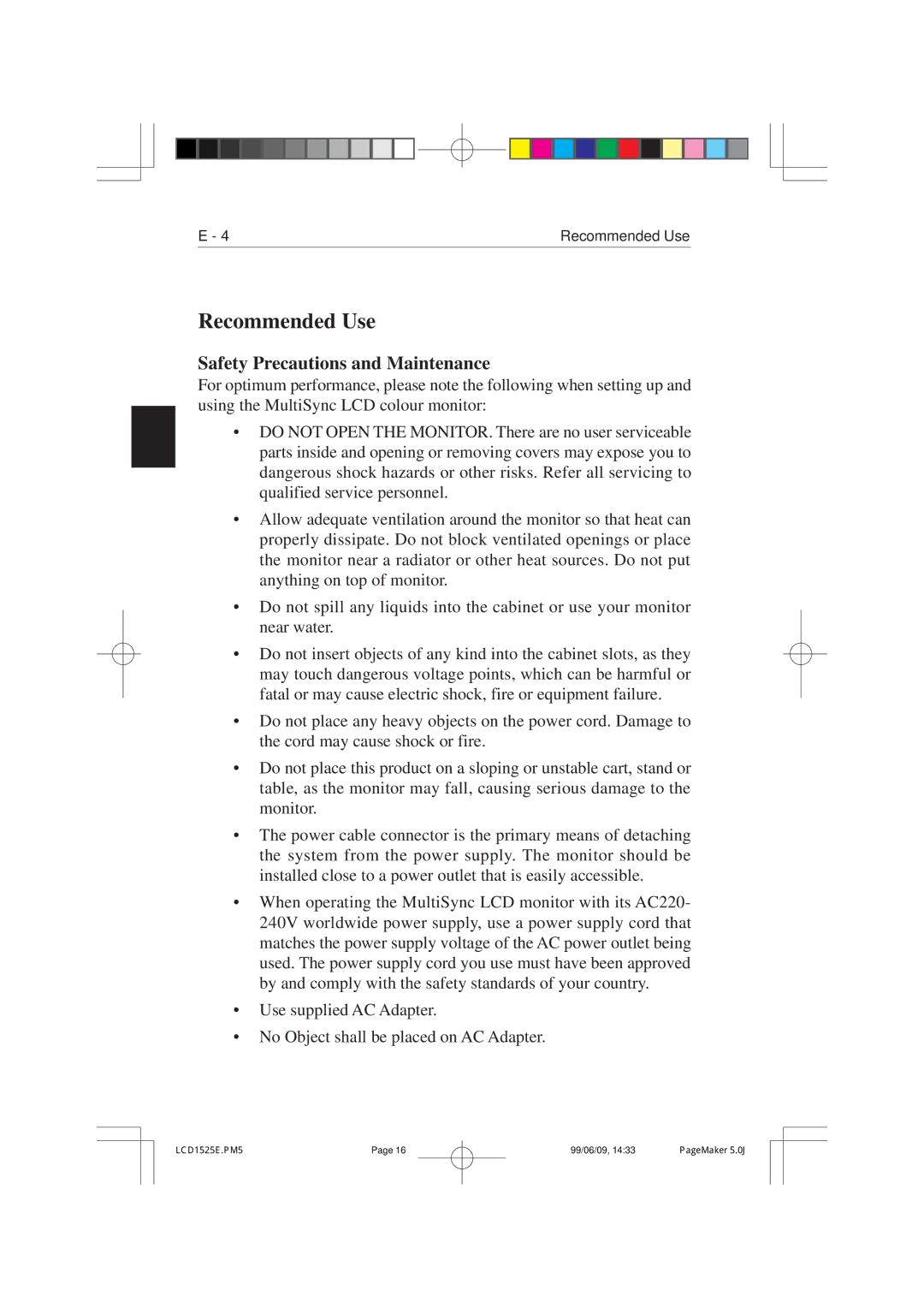 NEC LCD1525V manual Recommended Use, Safety Precautions and Maintenance 