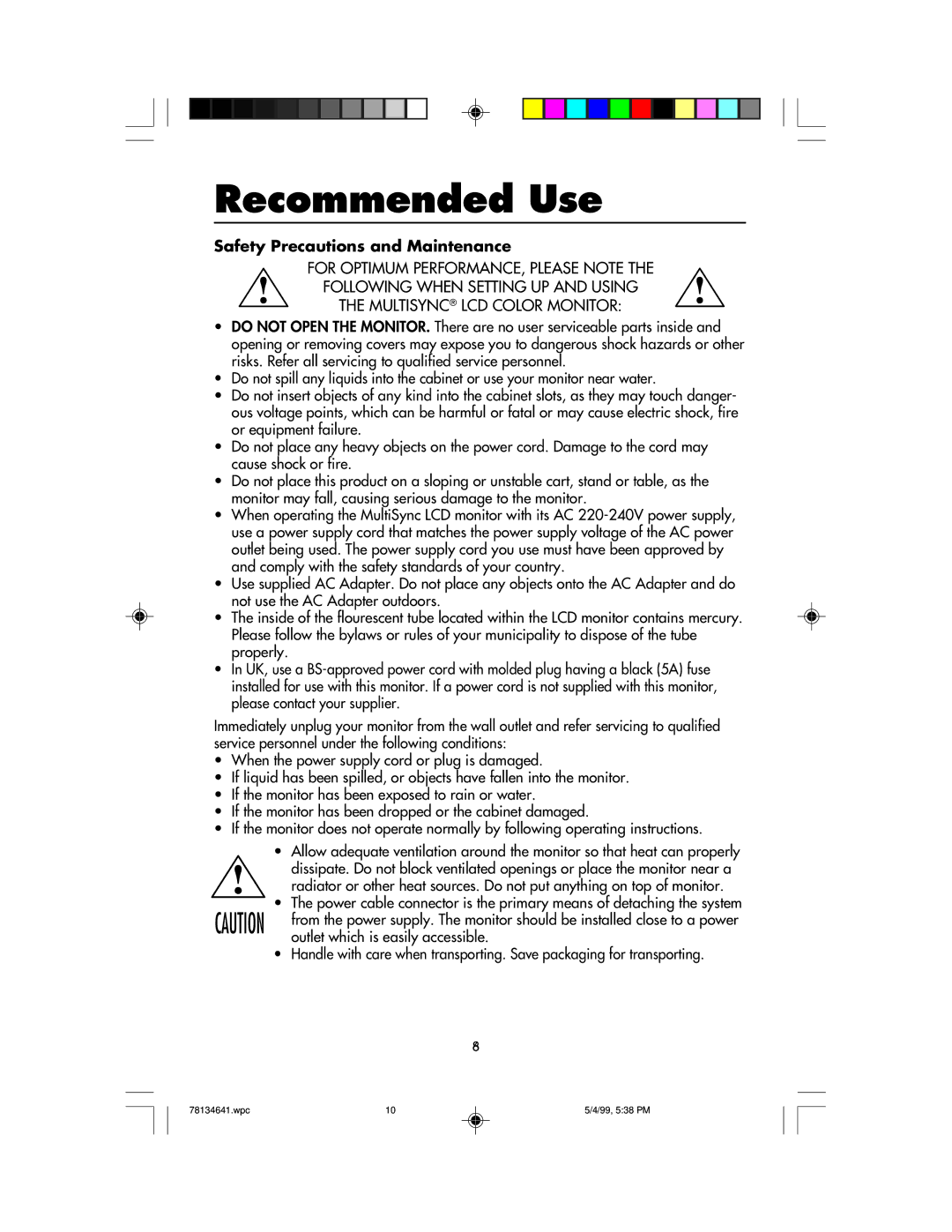 NEC LCD1525V user manual Recommended Use, Safety Precautions and Maintenance 