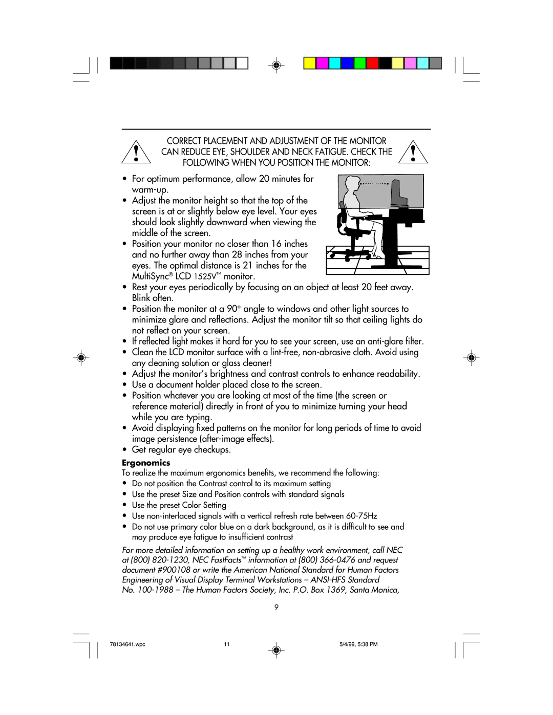 NEC LCD1525V user manual Ergonomics 