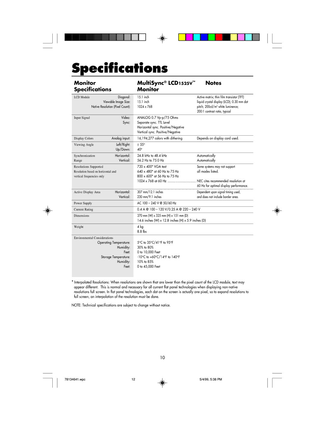 NEC user manual Monitor MultiSync LCD1525V Specifications 