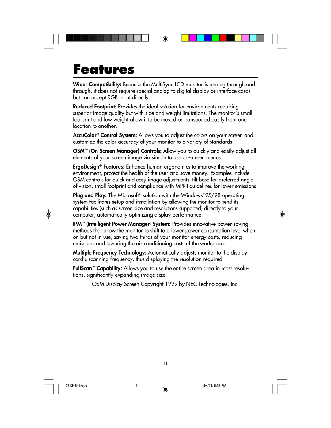 NEC LCD1525V user manual Features 