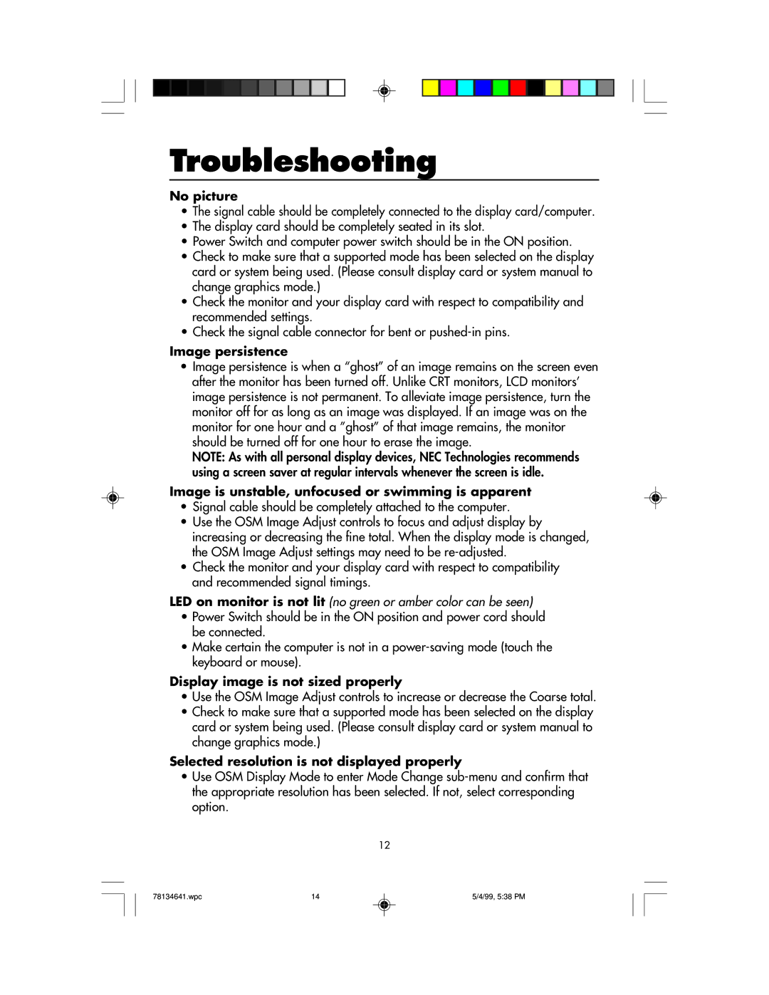 NEC LCD1525V user manual Troubleshooting 