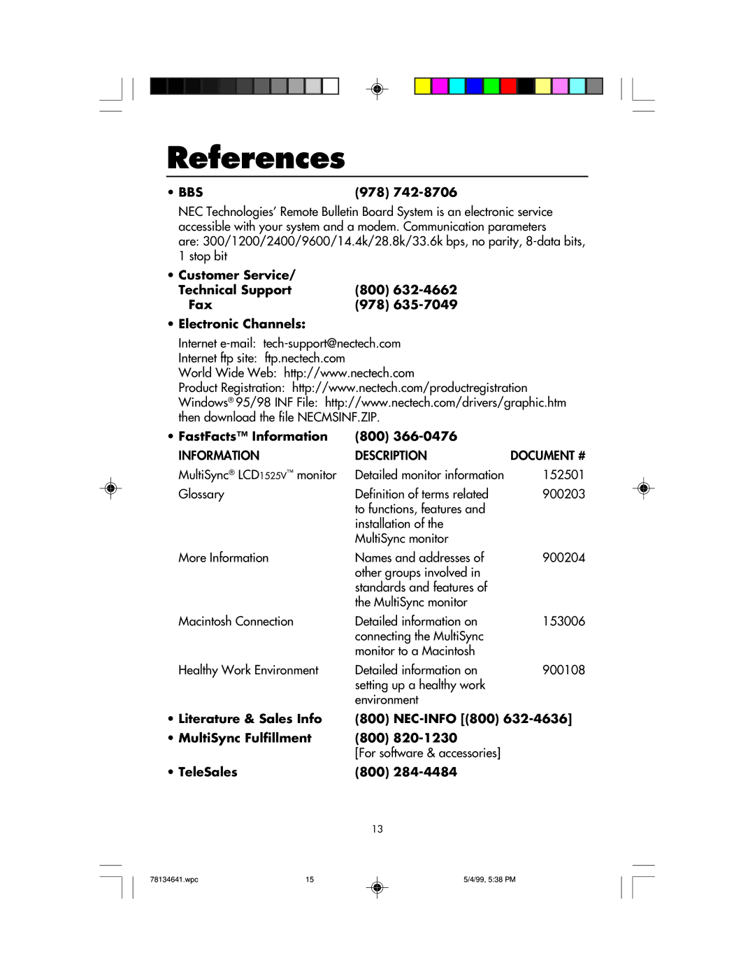 NEC LCD1525V References, 978, FastFacts Information 800, Literature & Sales Info NEC-INFO 800 MultiSync Fulfillment 