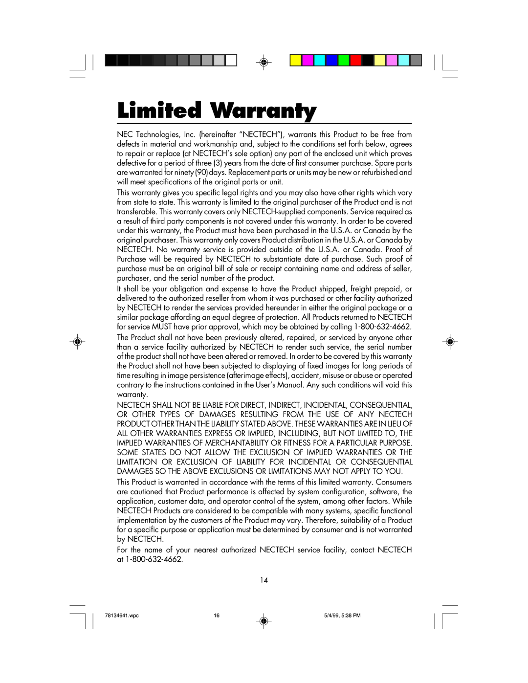 NEC LCD1525V user manual Limited Warranty 