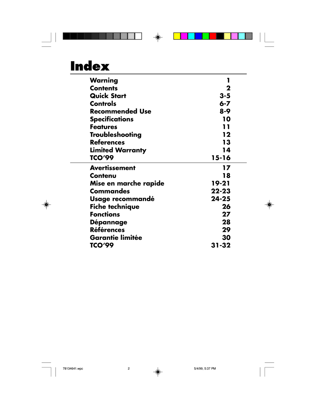 NEC LCD1525V user manual Index 