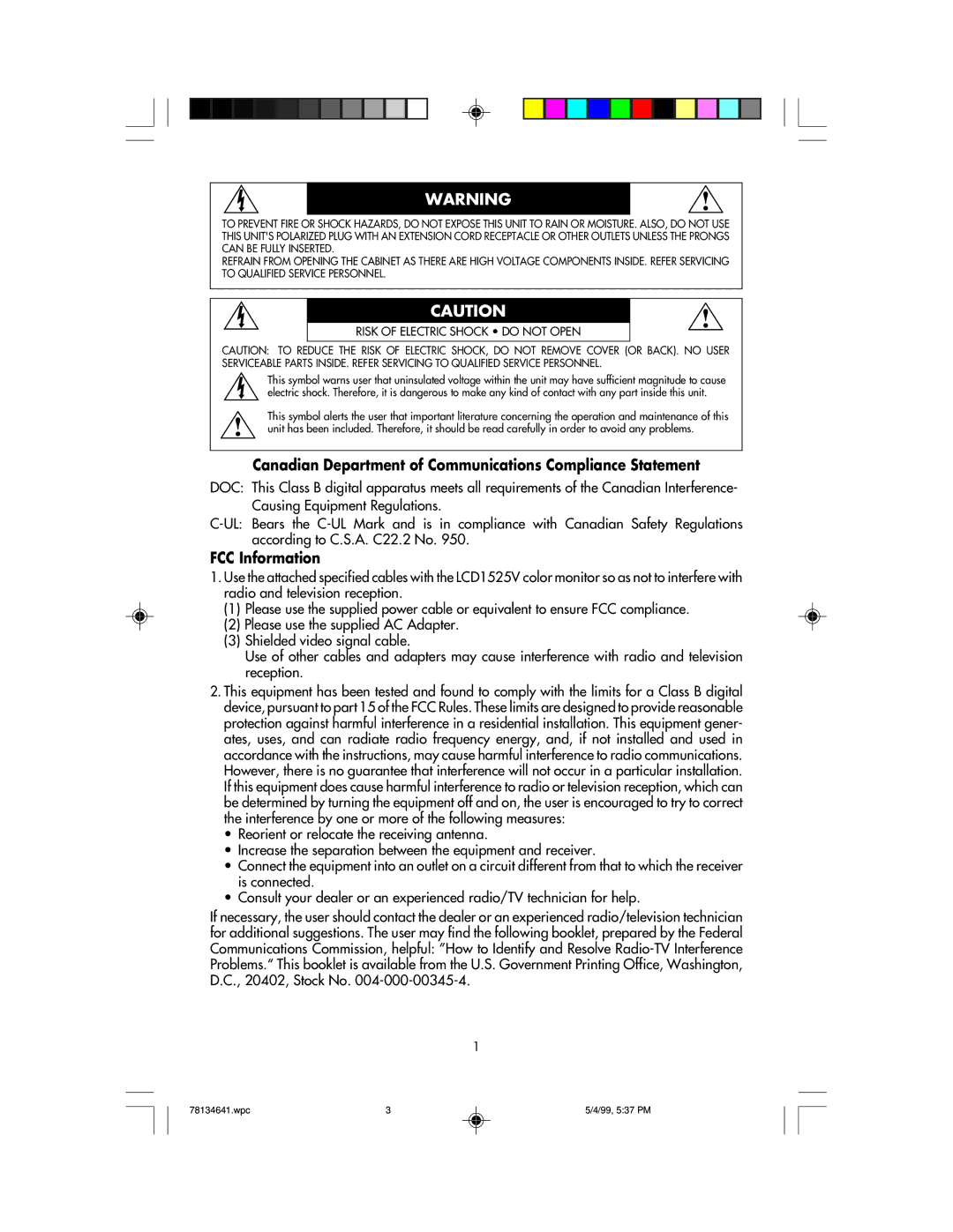 NEC LCD1525V user manual Canadian Department of Communications Compliance Statement, FCC Information 