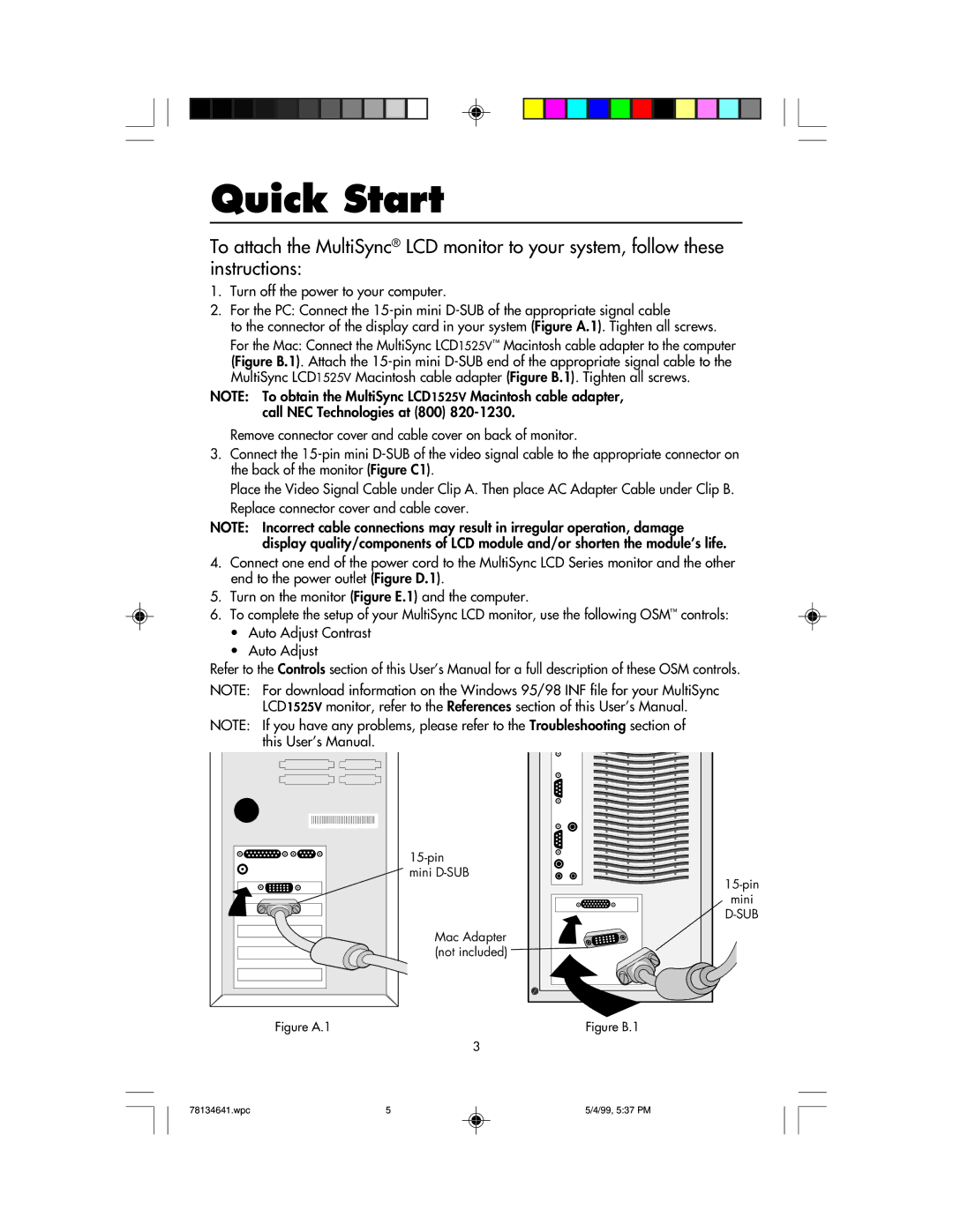 NEC LCD1525V user manual Quick Start, Figure A.1 