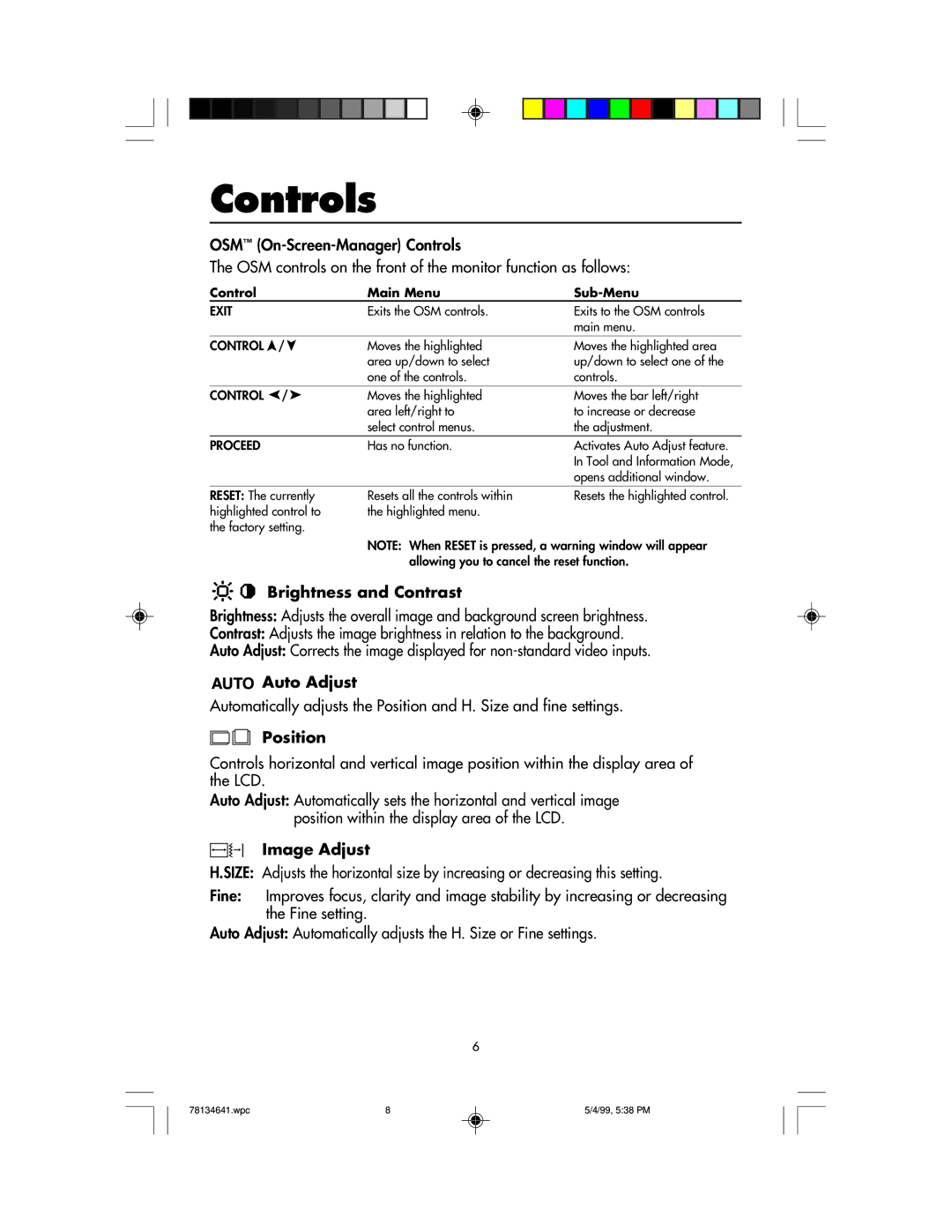 NEC LCD1525V user manual Controls, Brightness and Contrast, Auto Adjust, Position, Image Adjust 