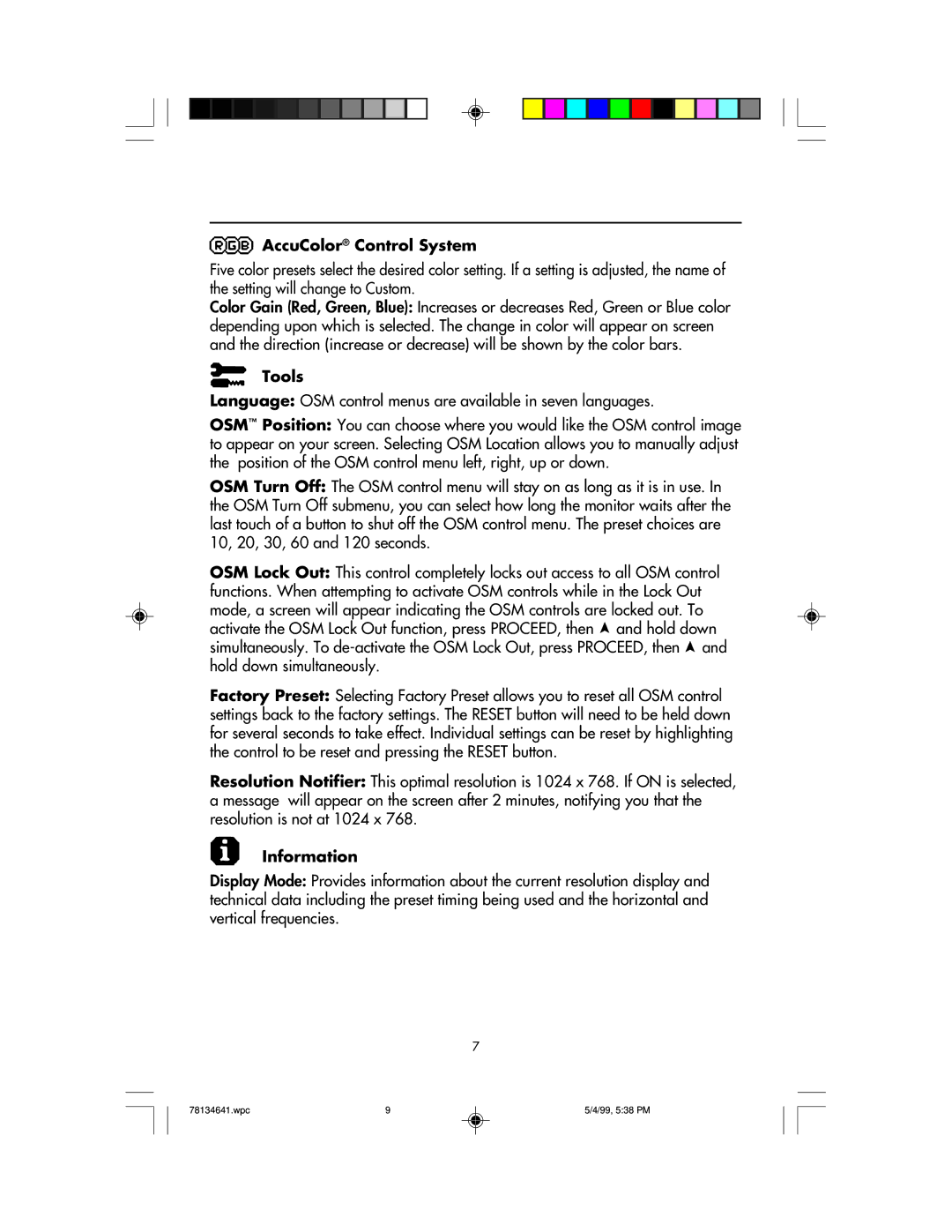 NEC LCD1525V user manual AccuColor Control System, Tools, Information 