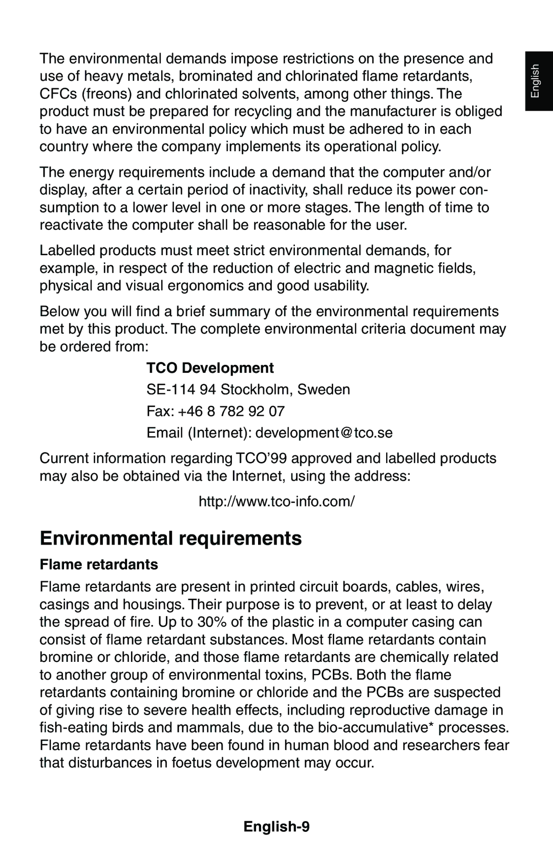 NEC LCD1525X user manual TCO Development, Flame retardants, English-9 