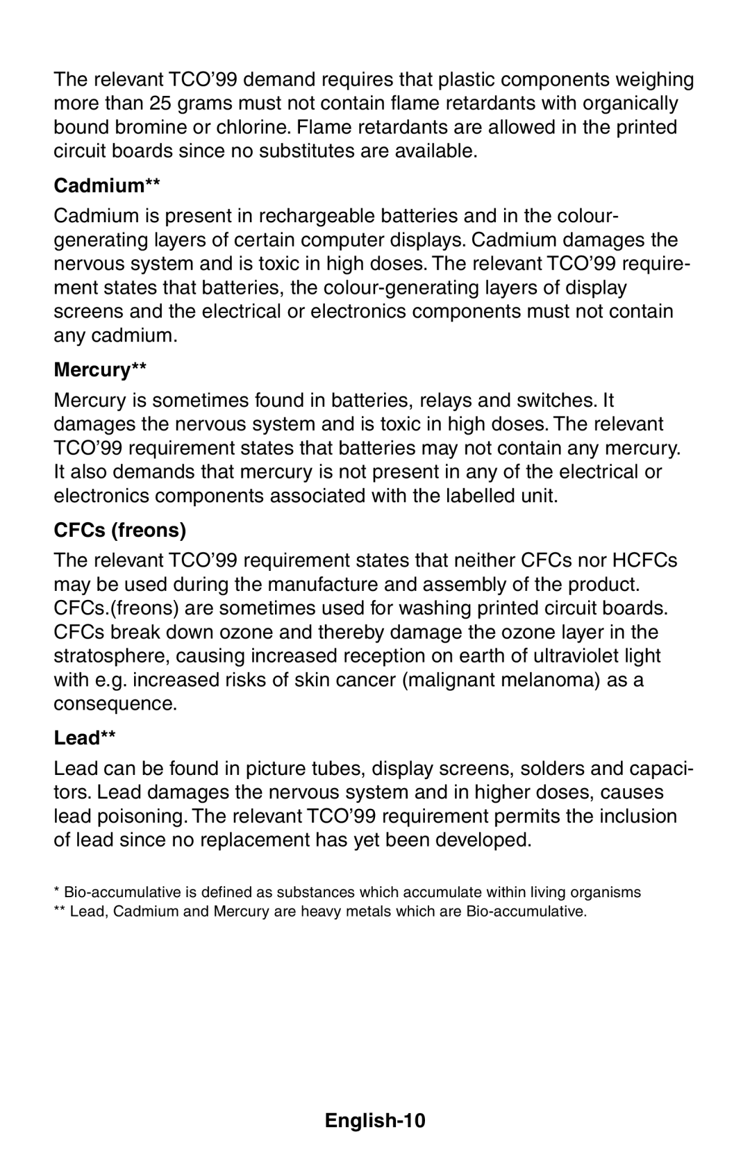 NEC LCD1525X user manual Cadmium, English-10 