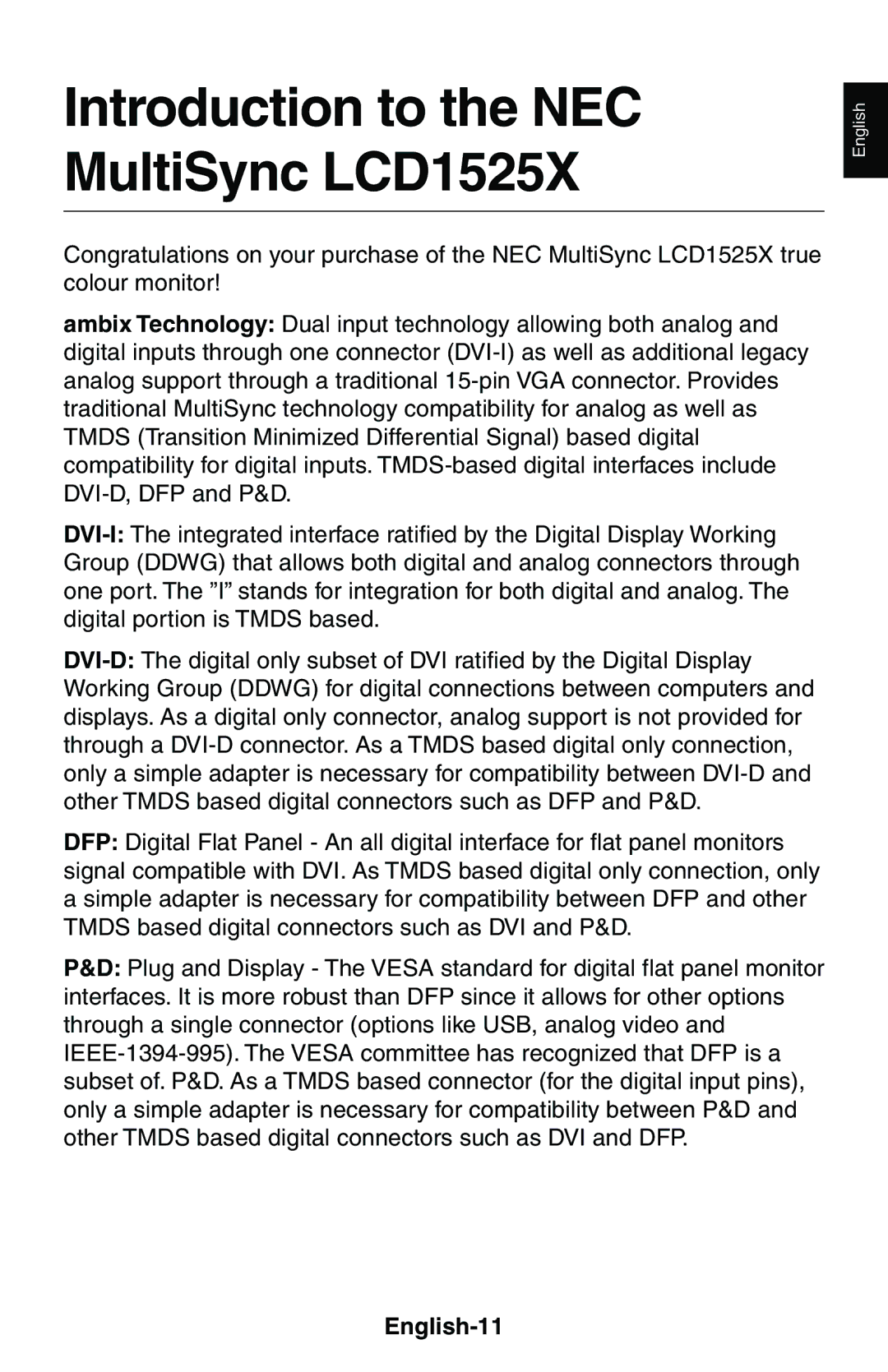 NEC user manual Introduction to the NEC MultiSync LCD1525X, English-11 