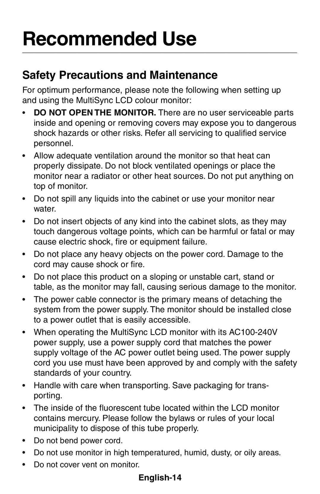 NEC LCD1525X user manual Recommended Use, Safety Precautions and Maintenance, English-14 