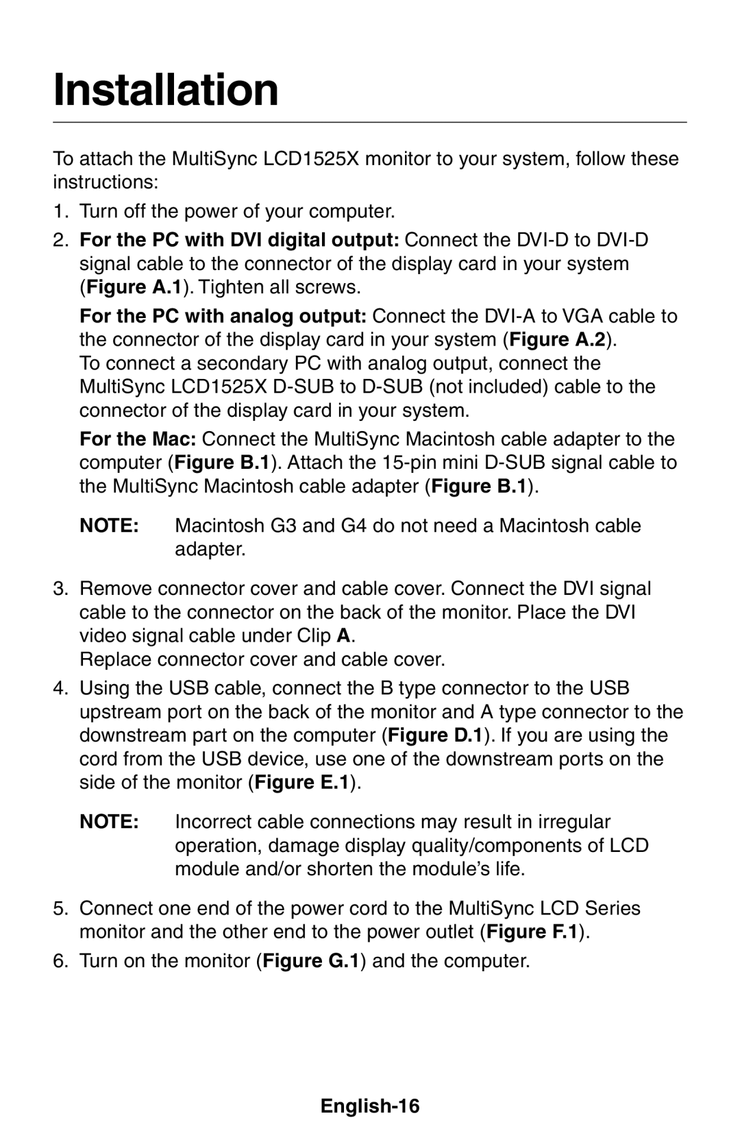 NEC LCD1525X user manual Installation, English-16 