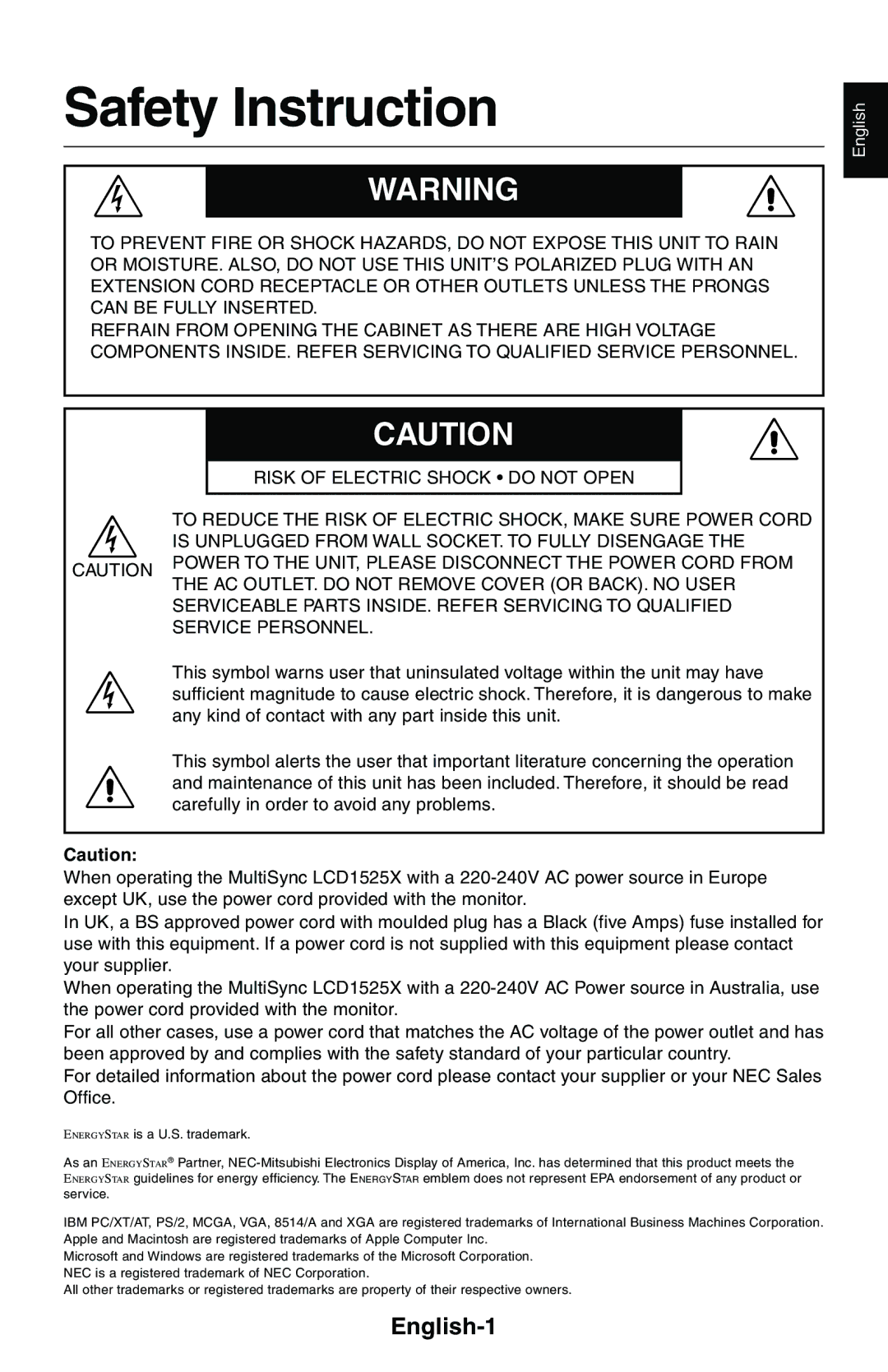 NEC LCD1525X user manual Safety Instruction, English-1 