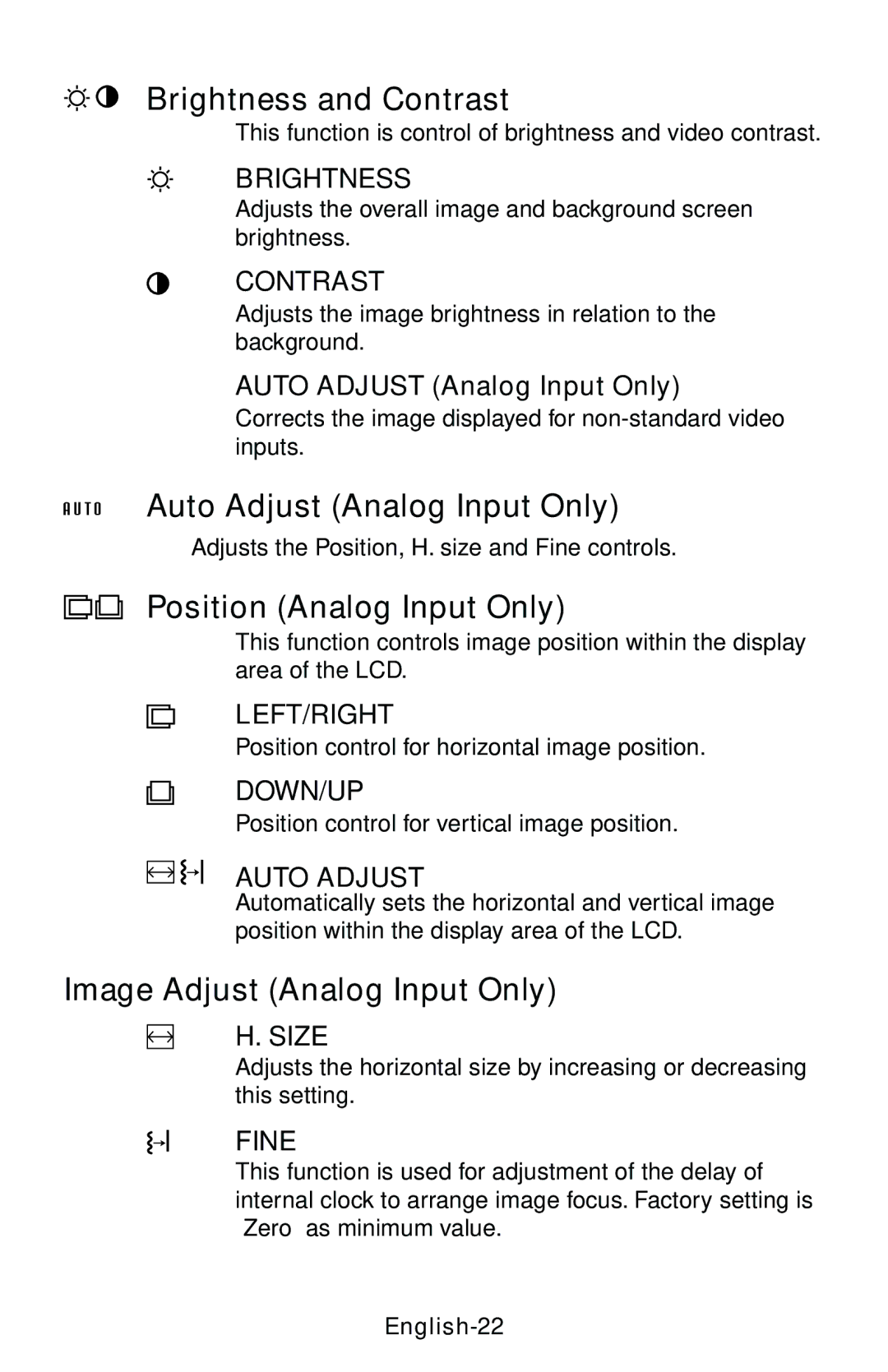 NEC LCD1525X user manual Brightness and Contrast, Auto Adjust Analog Input Only, Position Analog Input Only, English-22 