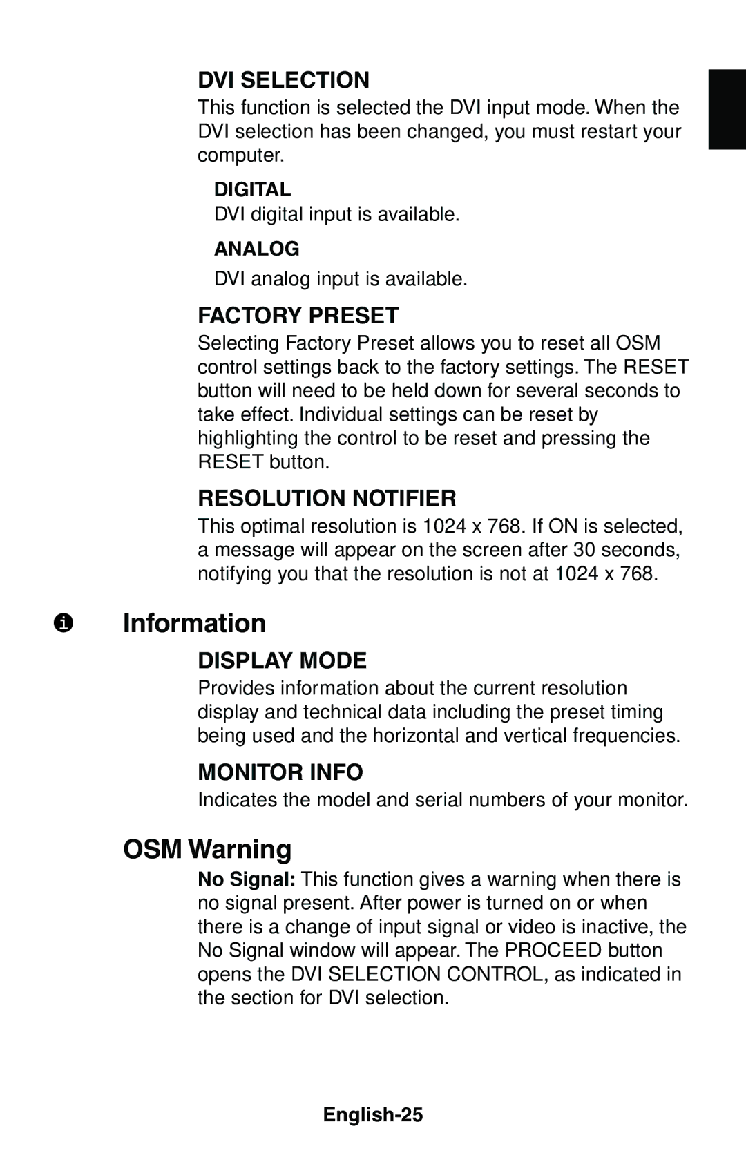 NEC LCD1525X user manual Information, OSM Warning, English-25 