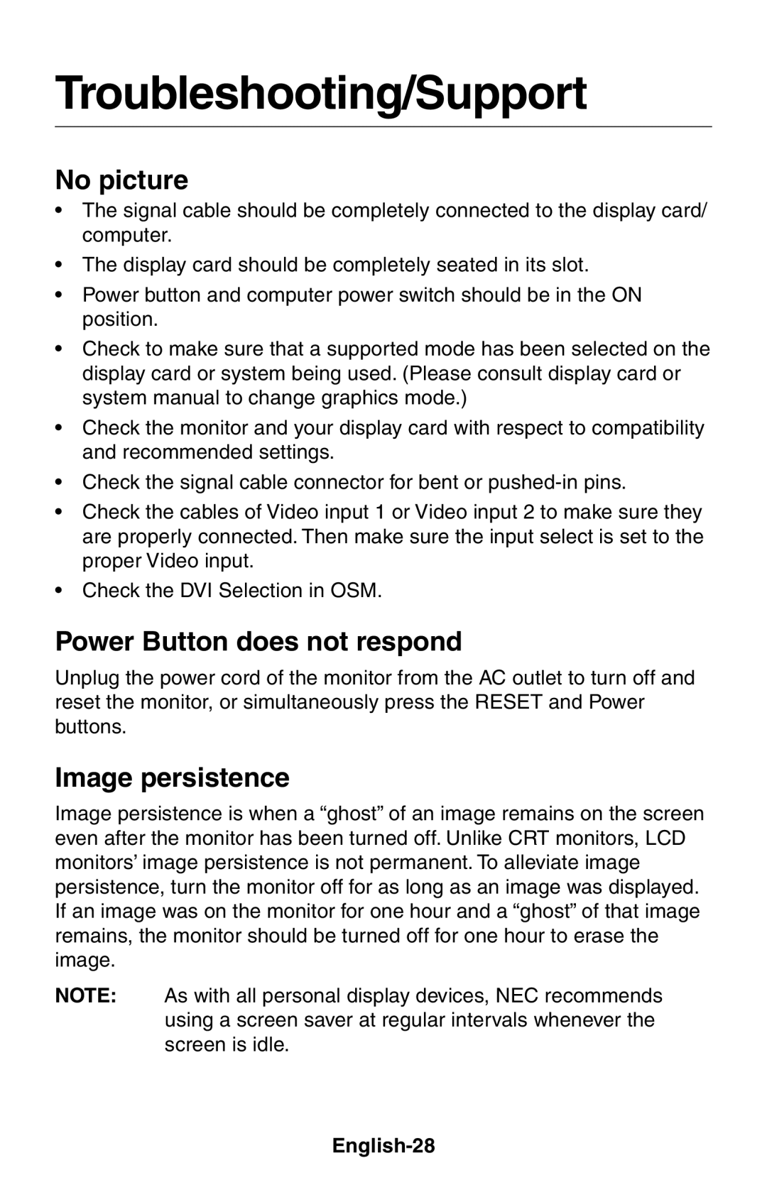 NEC LCD1525X user manual Troubleshooting/Support, No picture, Power Button does not respond, Image persistence, English-28 