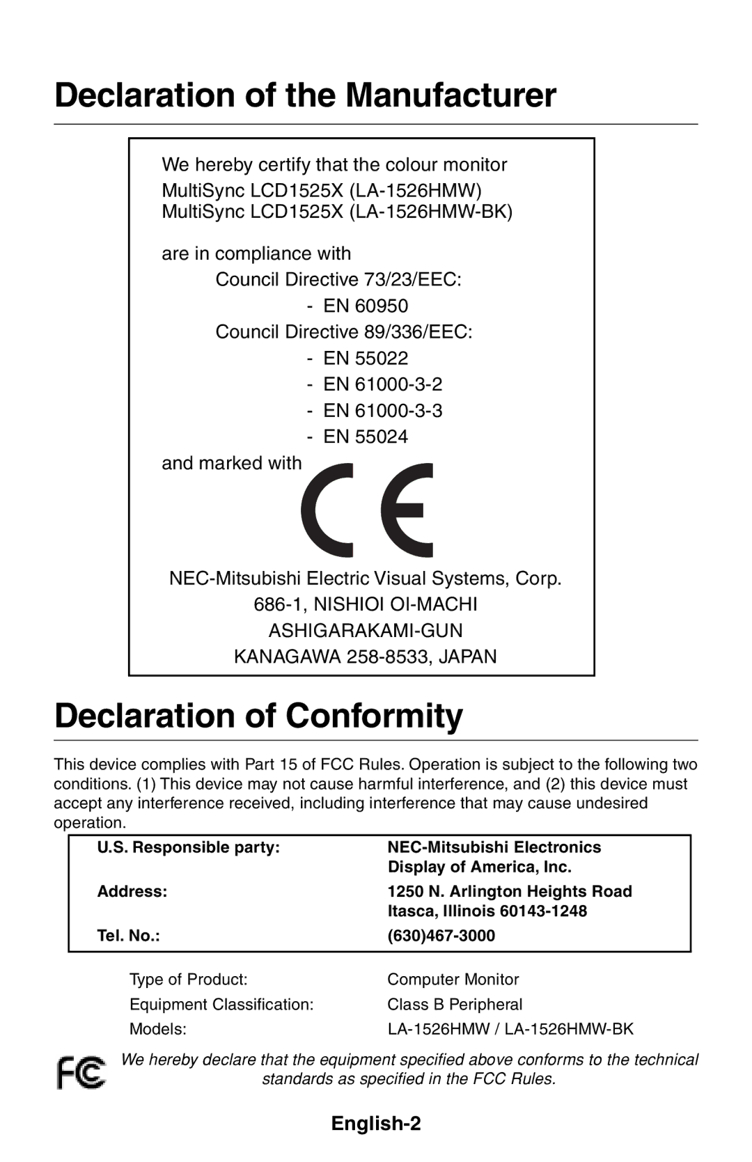 NEC LCD1525X user manual Declaration of the Manufacturer, English-2 