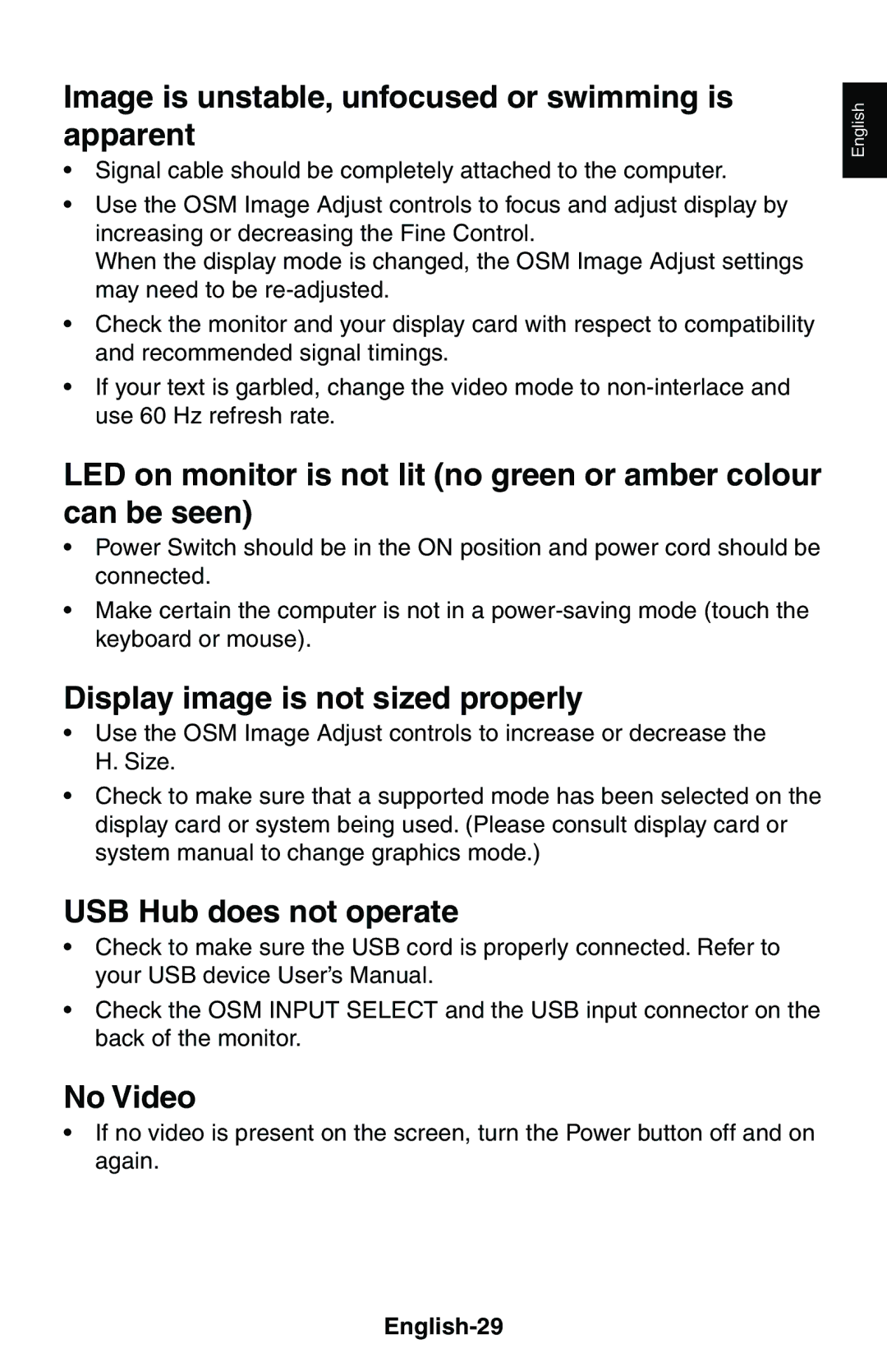 NEC LCD1525X Image is unstable, unfocused or swimming is apparent, Display image is not sized properly, No Video 