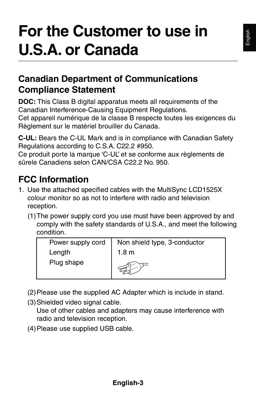 NEC LCD1525X For the Customer to use in U.S.A. or Canada, Canadian Department of Communications Compliance Statement 