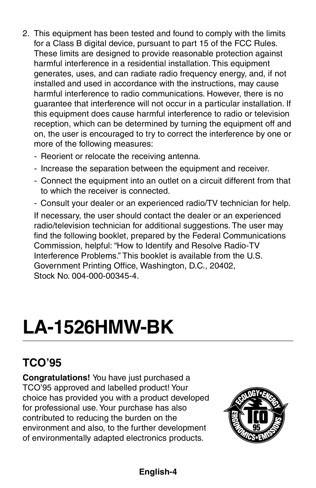 NEC LCD1525X user manual TCO’95, English-4 