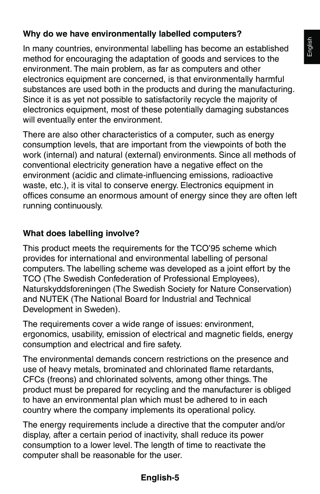 NEC LCD1525X user manual Why do we have environmentally labelled computers?, What does labelling involve?, English-5 