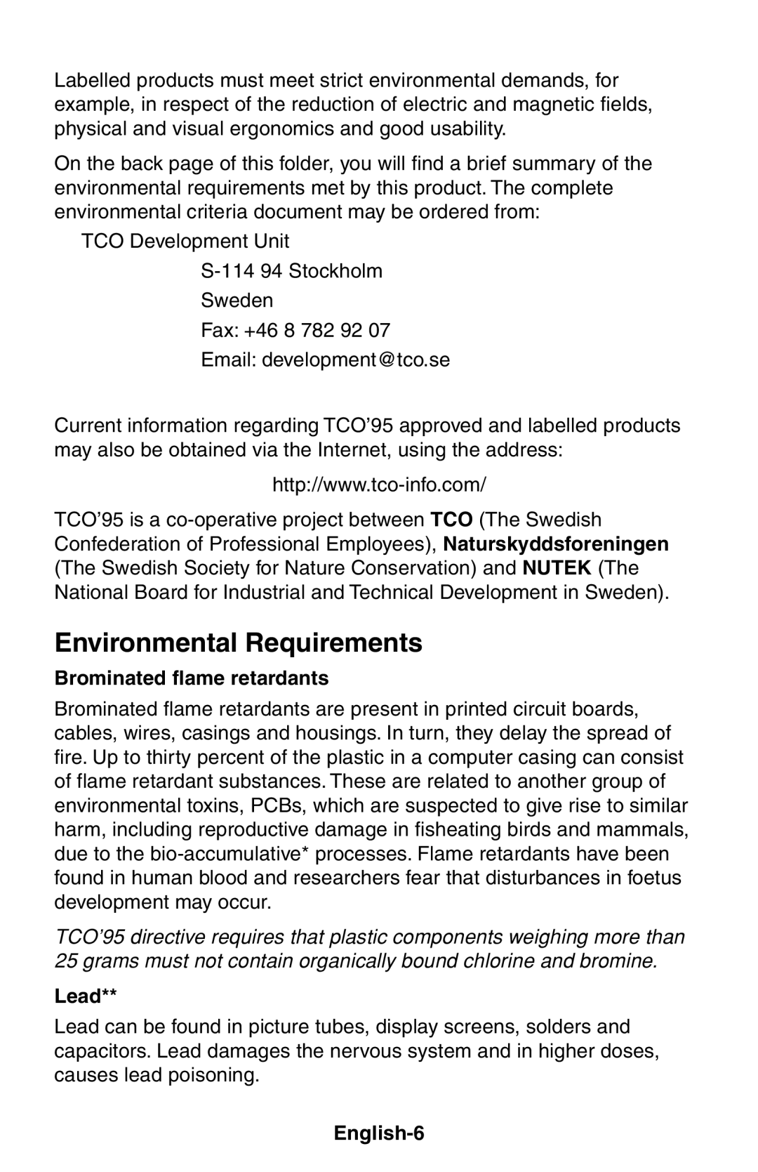 NEC LCD1525X user manual Environmental Requirements, Brominated flame retardants, Lead, English-6 