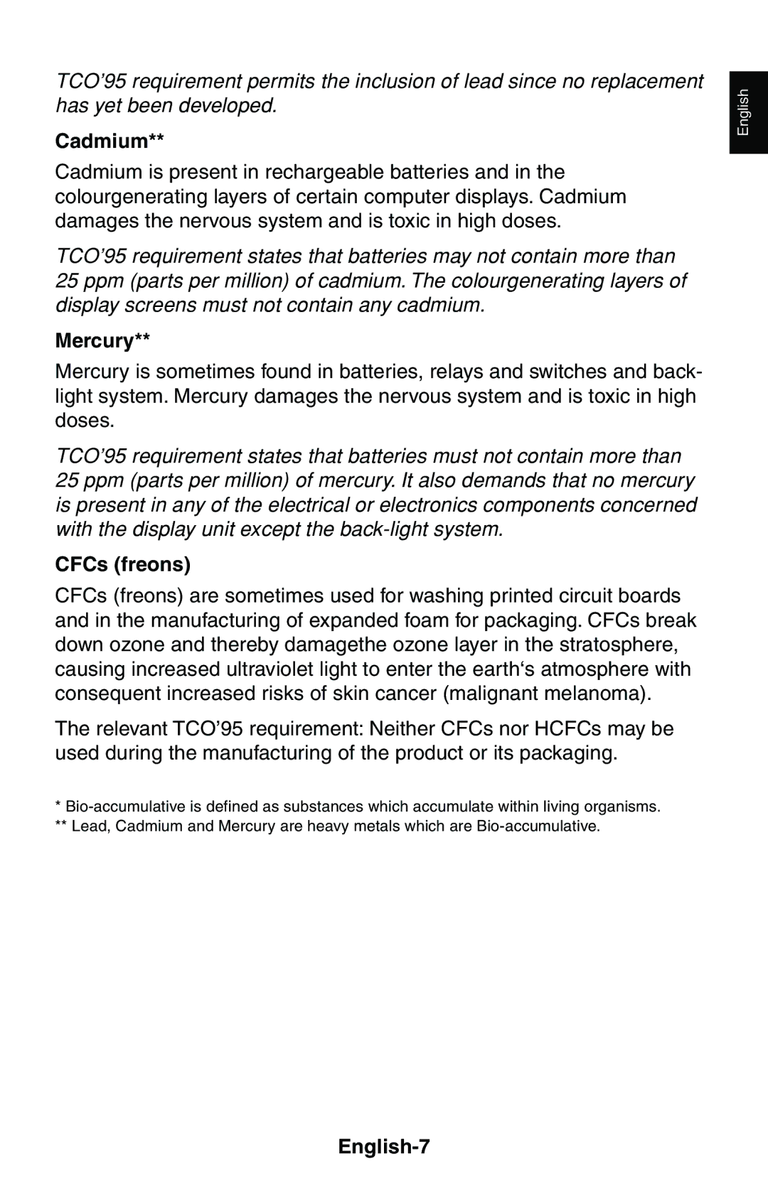 NEC LCD1525X user manual Cadmium, Mercury, CFCs freons, English-7 