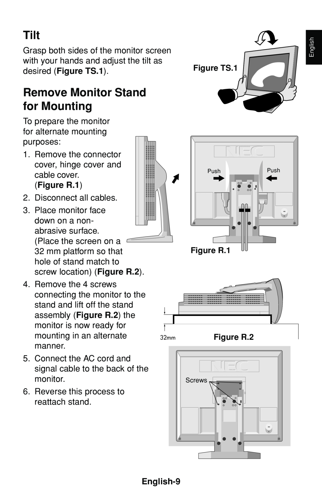 NEC LCD1530V user manual Tilt, Remove Monitor Stand, for Mounting, Figure R.1, English-9 