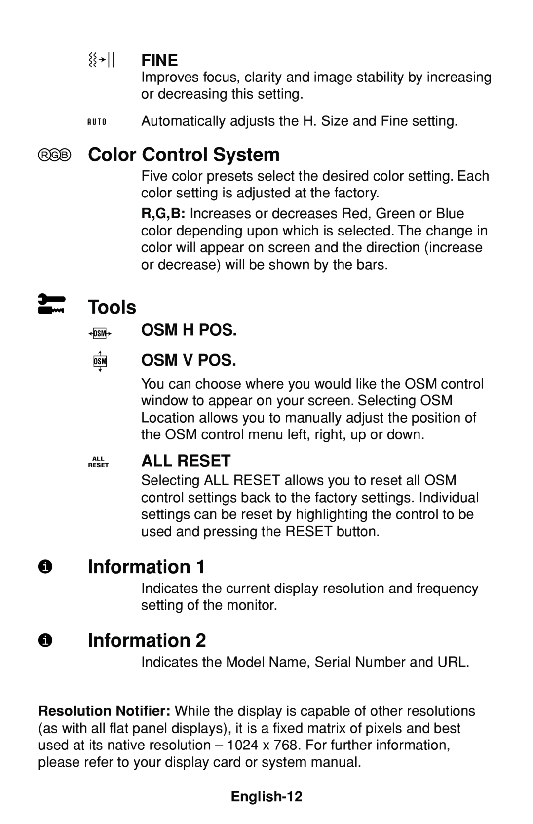NEC LCD1530V user manual Color Control System, Tools, Information, Fine, Osm H Pos Osm V Pos, All Reset 